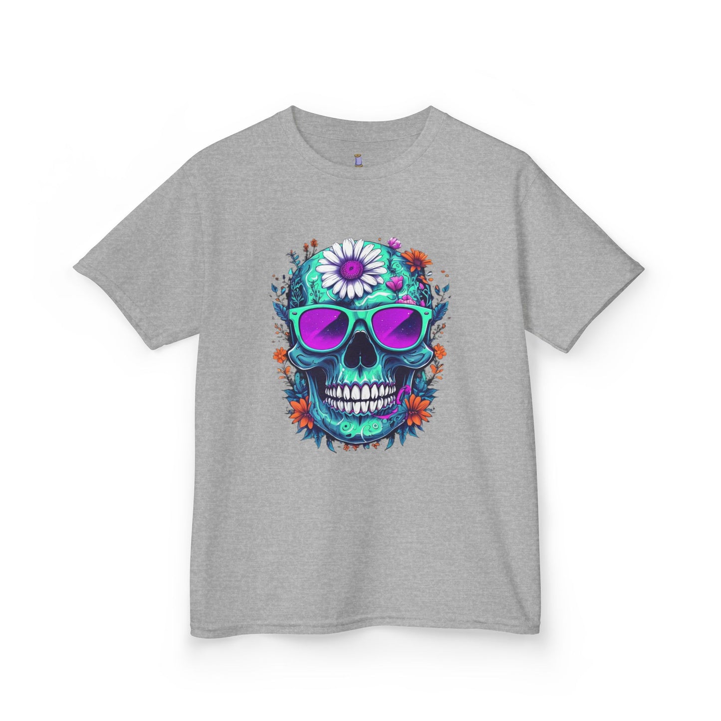 Vibrant Skull Youth Tee, Colorful T-Shirt for Festivals, Birthday Gift, Summer Wear, Unique Graphic Tee
