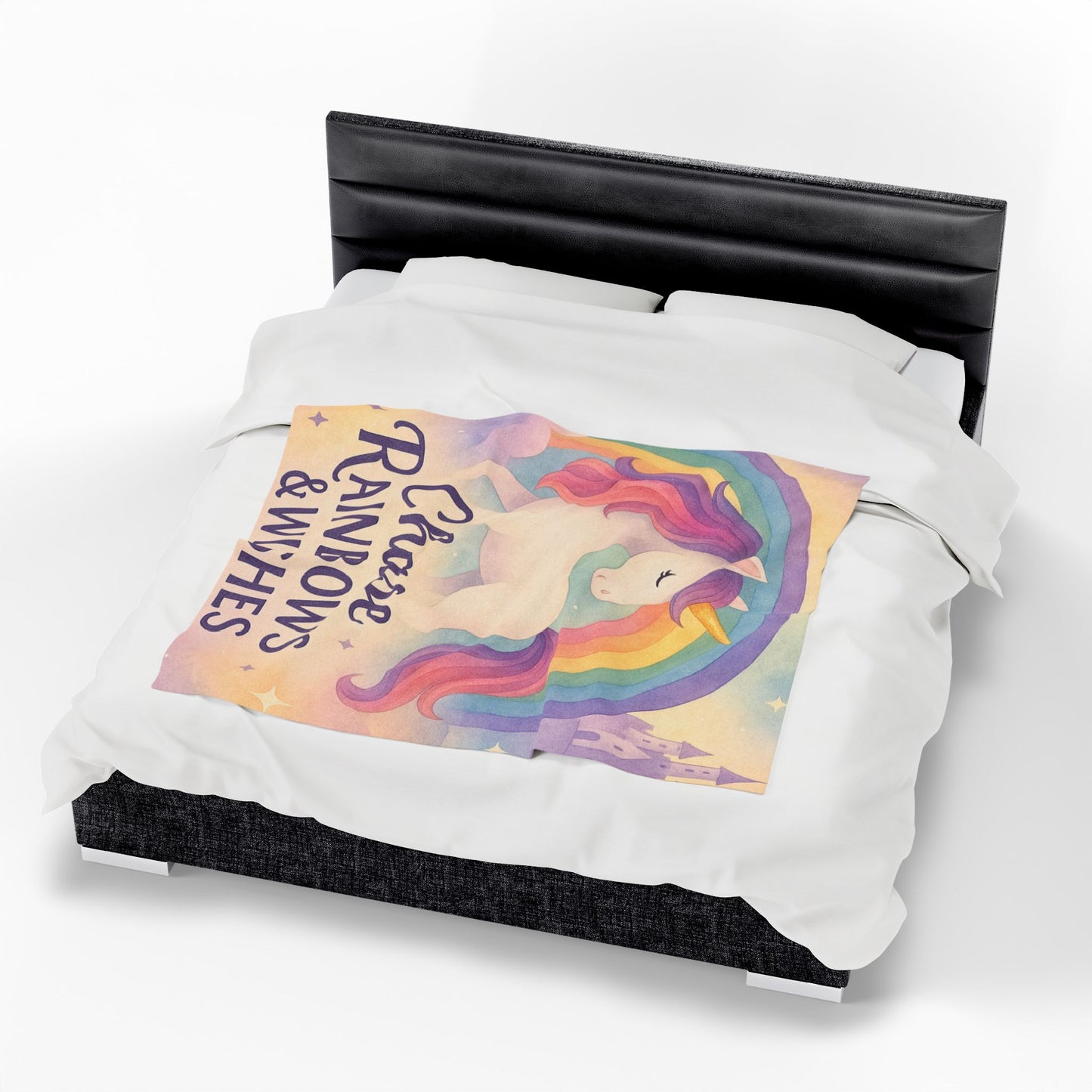 Unicorn Rainbow Plush Blanket, Cozy Kids Blanket, Soft Velveteen Throw, Magical Nursery Decor, Chase Rainbows & Wishes