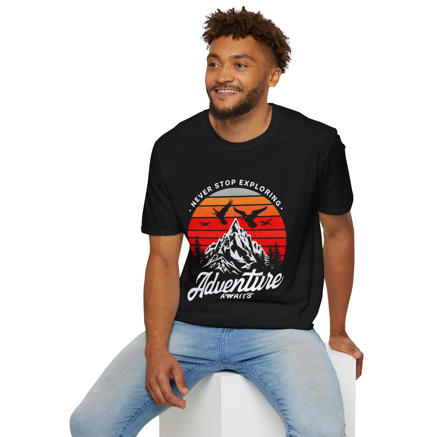 Adventure Awaits T-Shirt | Unisex Softstyle Tee | Perfect for Travel Lovers, Outdoor Adventures, Camping, Nature Gifts, Explore
