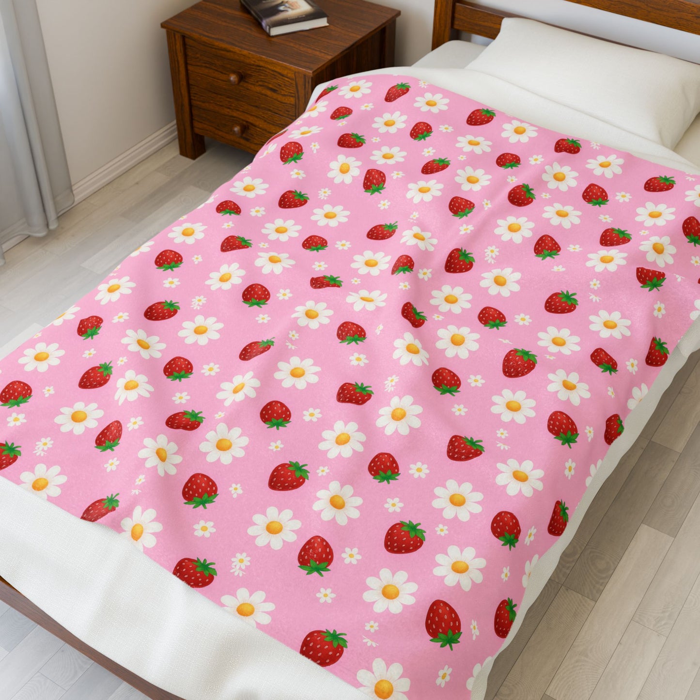 Cozy Strawberry Floral Blanket | Soft Plush Throw, Nursery Decor, Gift for Kids, Spring Home Accents, Cute Couch Cover