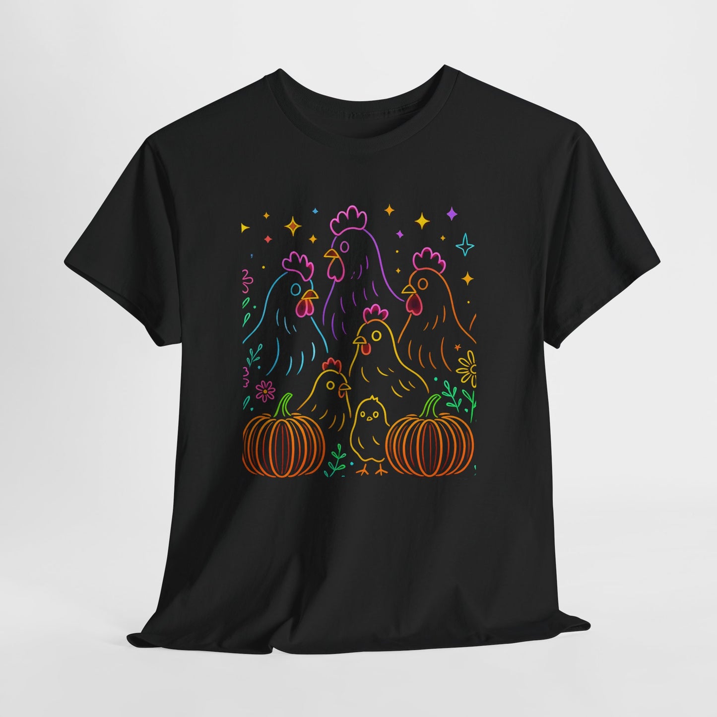🌻 Autumn Chickens & Pumpkins Tee – Colorful Farm Harvest Shirt