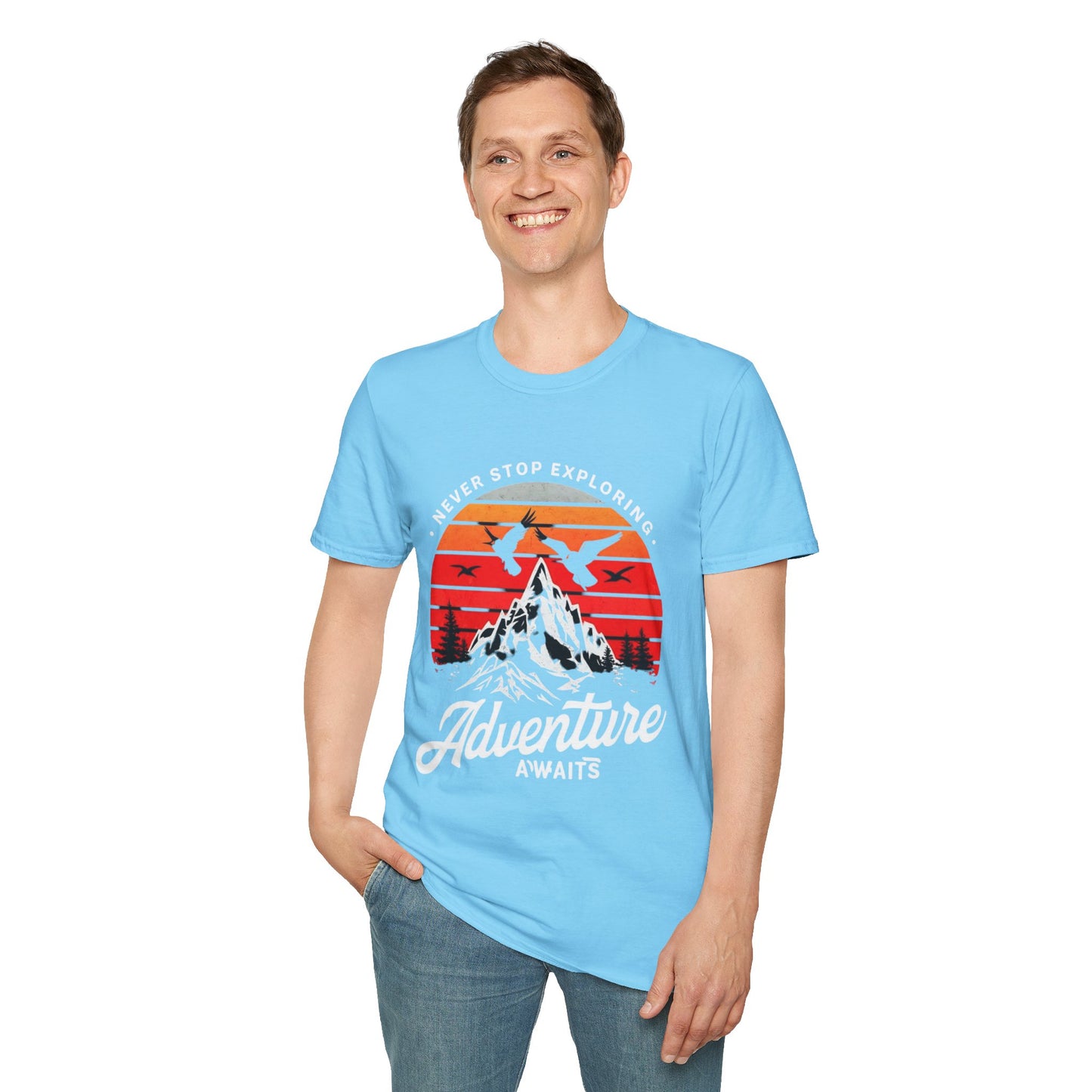 Adventure Awaits T-Shirt | Unisex Softstyle Tee | Perfect for Travel Lovers, Outdoor Adventures, Camping, Nature Gifts, Explore