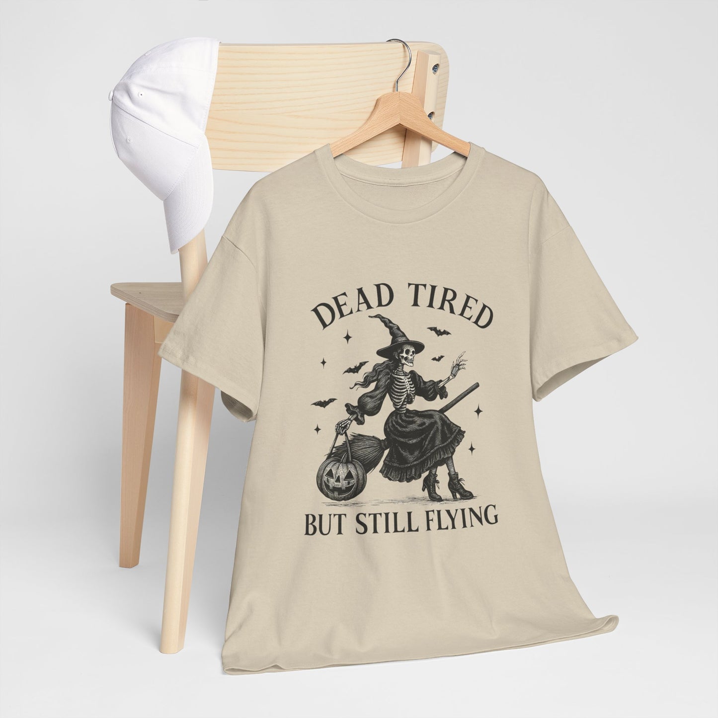 Dead Tired But Flying Skeleton Witch Halloween Tee