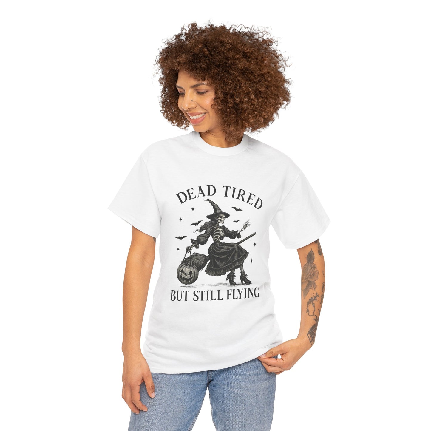 Dead Tired But Flying Skeleton Witch Halloween Tee