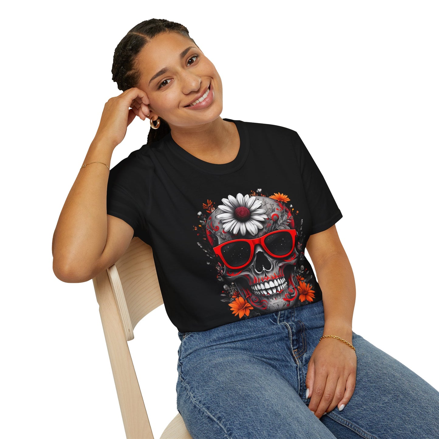 Skull & Flower Graphic T-Shirt, Unisex Casual Tee, Edgy Fashion Wear, Festival Outfit, Gift for Halloween & Day of the Dead