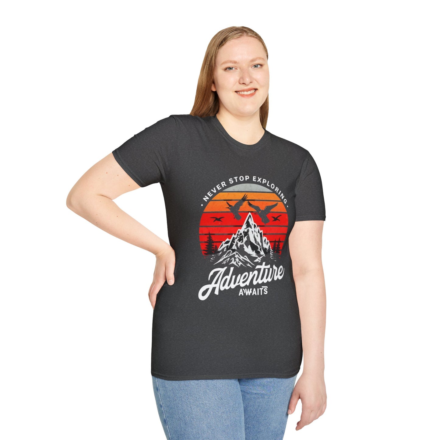 Adventure Awaits T-Shirt | Unisex Softstyle Tee | Perfect for Travel Lovers, Outdoor Adventures, Camping, Nature Gifts, Explore
