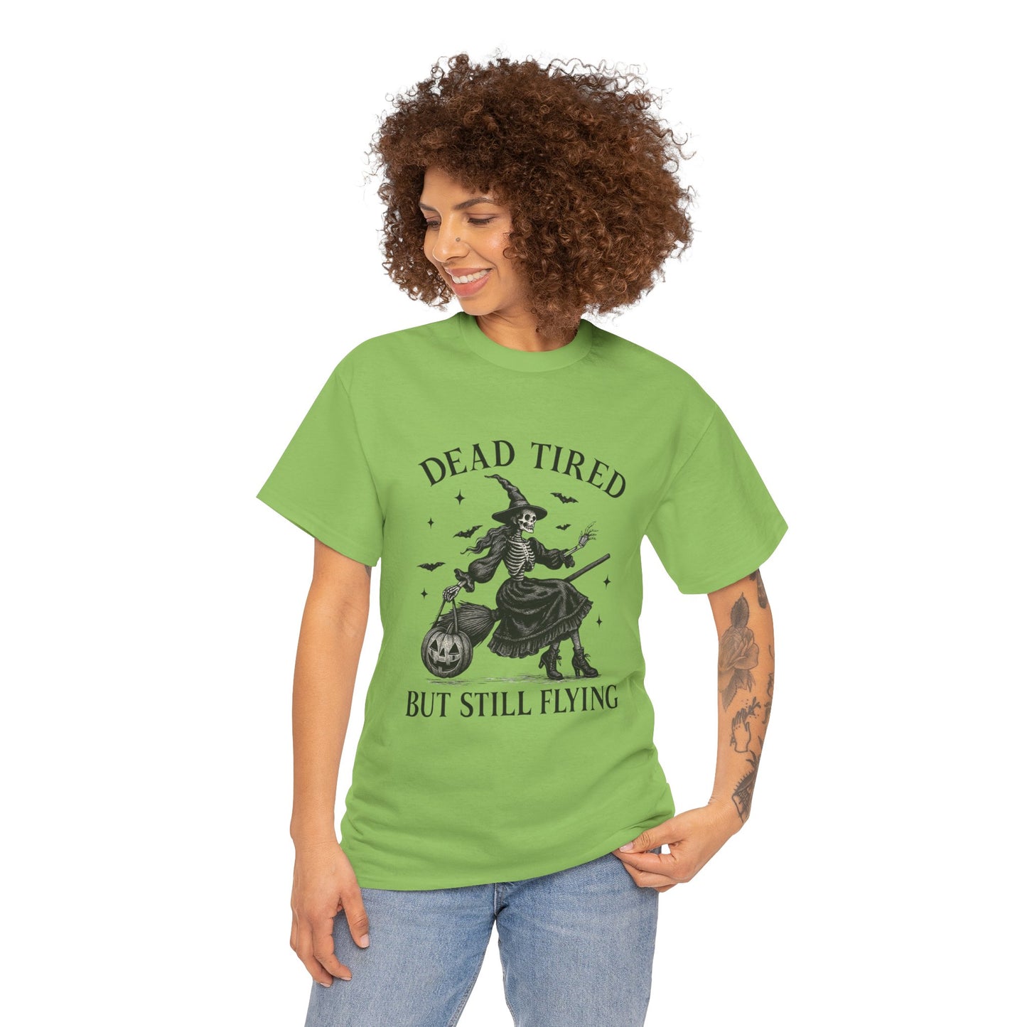 Dead Tired But Flying Skeleton Witch Halloween Tee