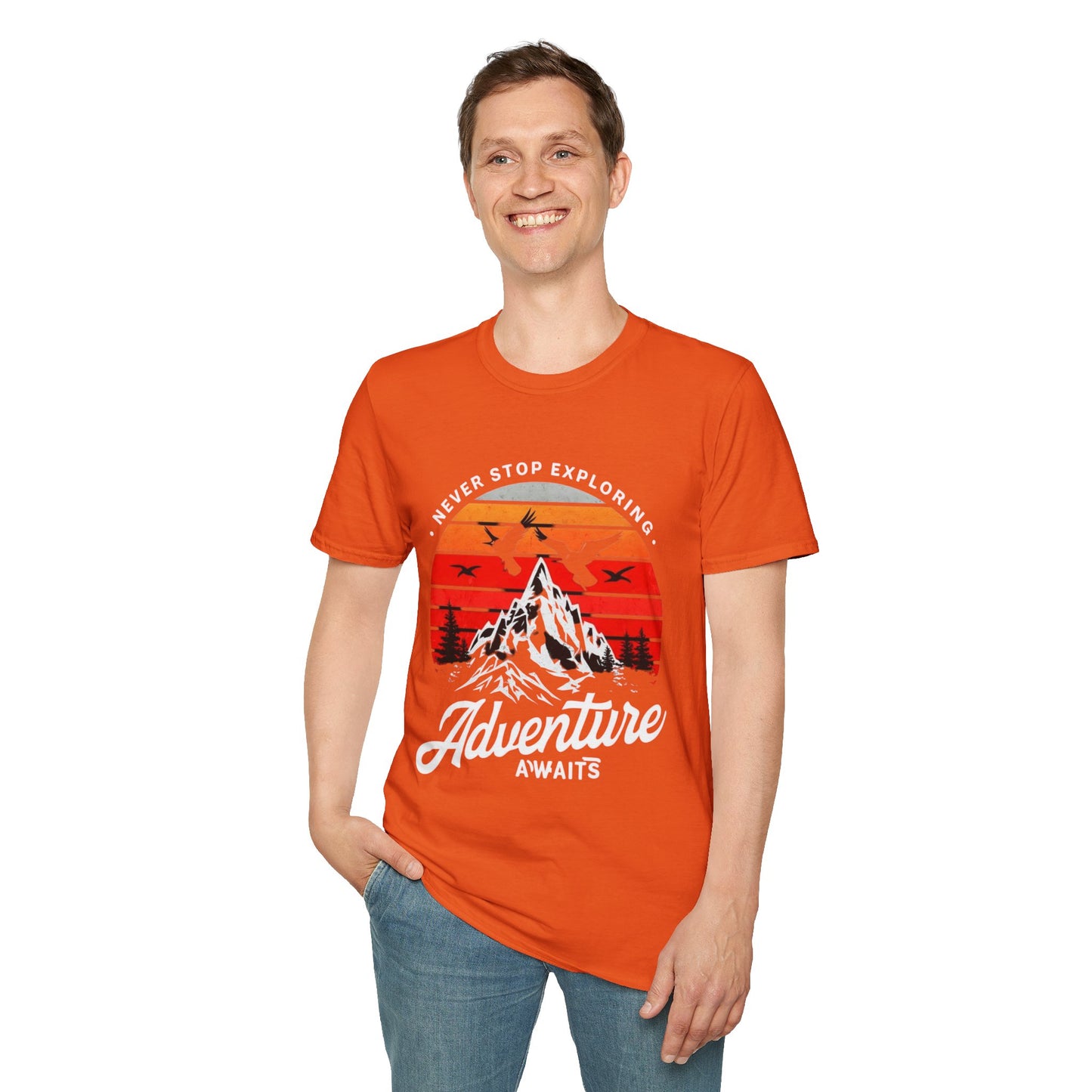 Adventure Awaits T-Shirt | Unisex Softstyle Tee | Perfect for Travel Lovers, Outdoor Adventures, Camping, Nature Gifts, Explore