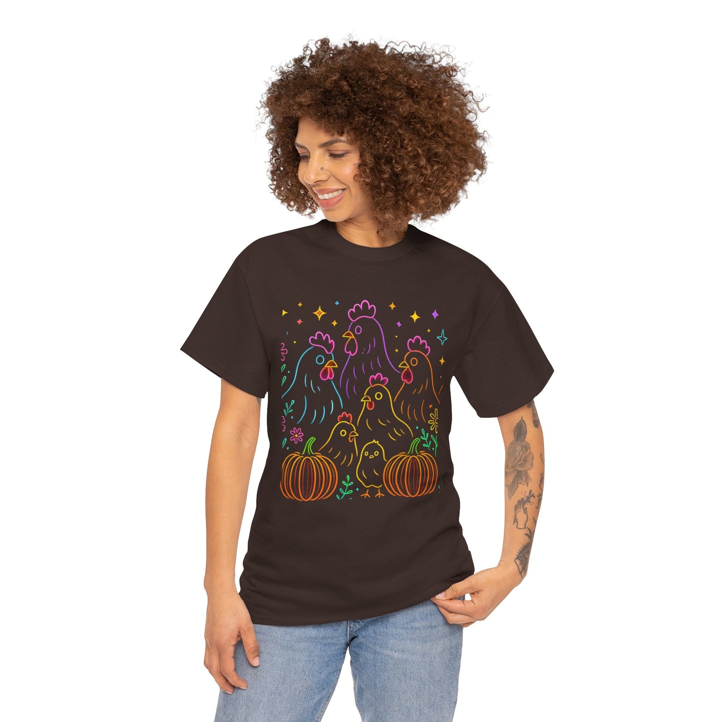 🌻 Autumn Chickens & Pumpkins Tee – Colorful Farm Harvest Shirt