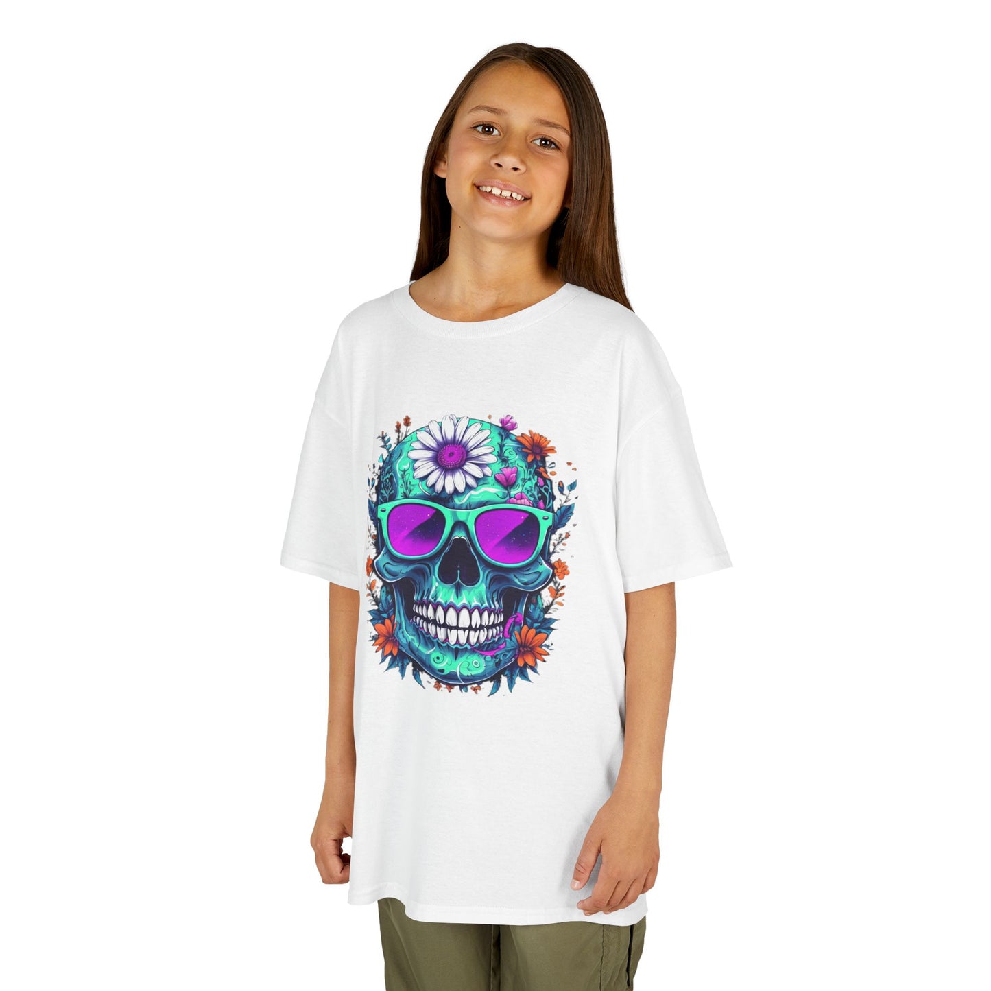 Vibrant Skull Youth Tee, Colorful T-Shirt for Festivals, Birthday Gift, Summer Wear, Unique Graphic Tee