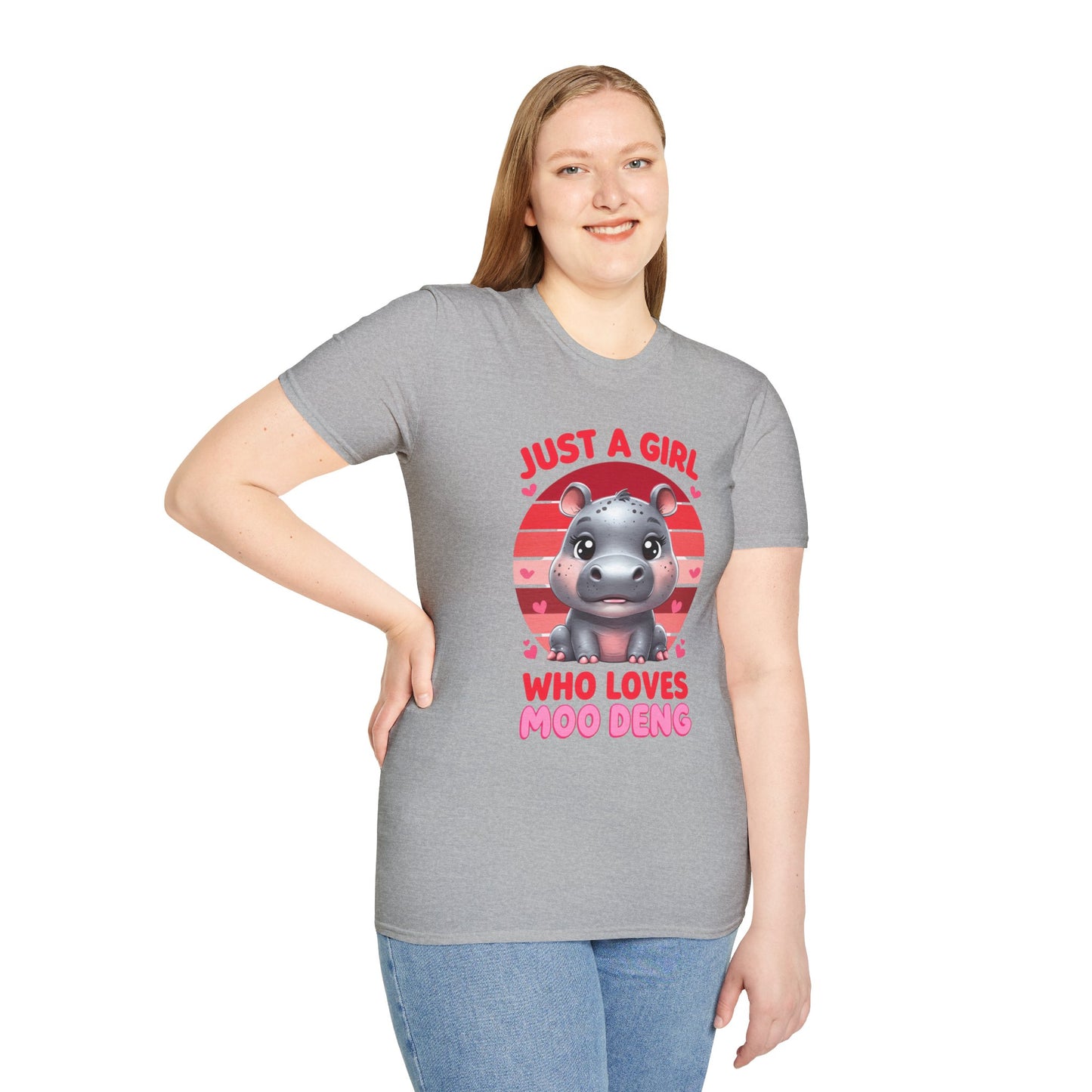 Just a Girl Who Loves Moo Deng Unisex Softstyle T-Shirt | Cute Hippo Tee, Animal Lover Shirt, Gift for Kids, Summer Wear, Birthday Present