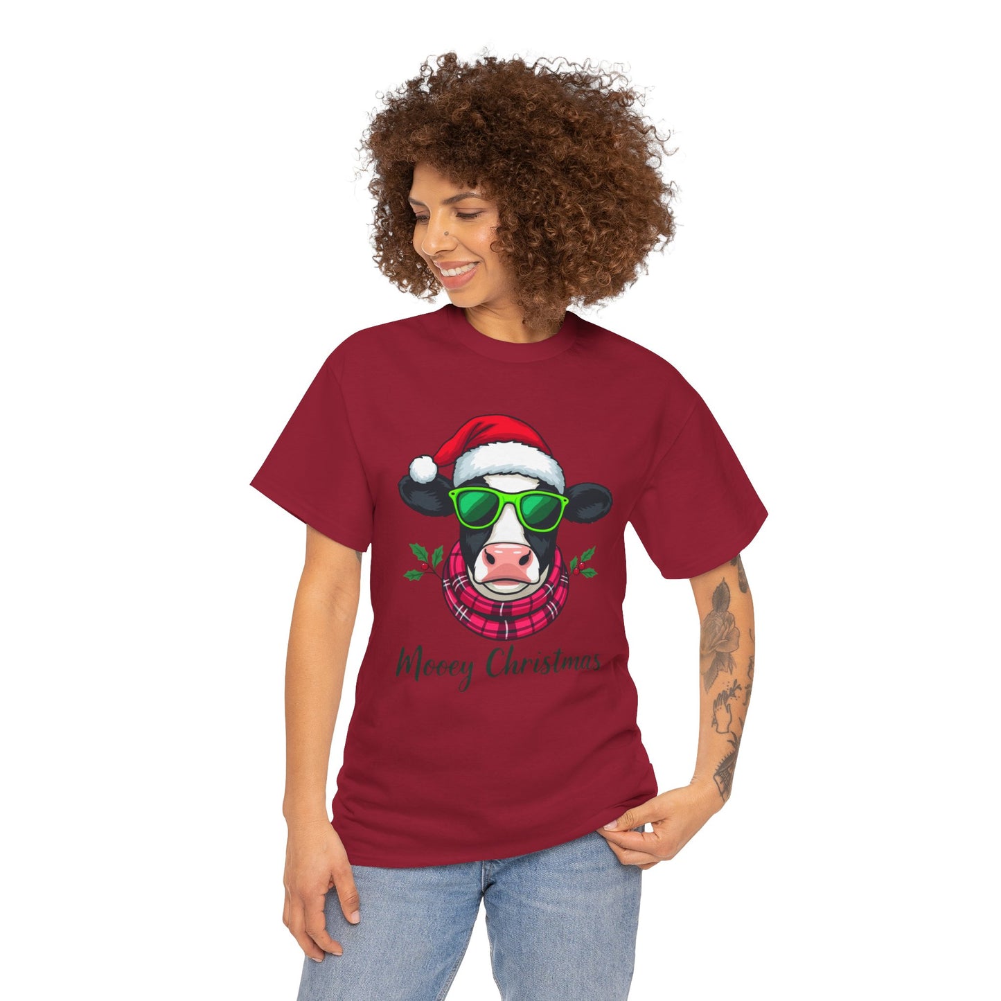 Moovey Christmas Cow Tee - Pink Plaid Scarf & Sunglasses