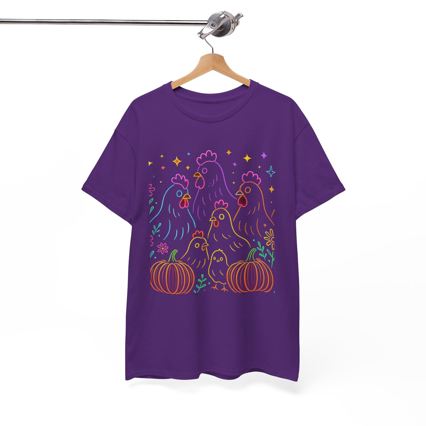 🌻 Autumn Chickens & Pumpkins Tee – Colorful Farm Harvest Shirt