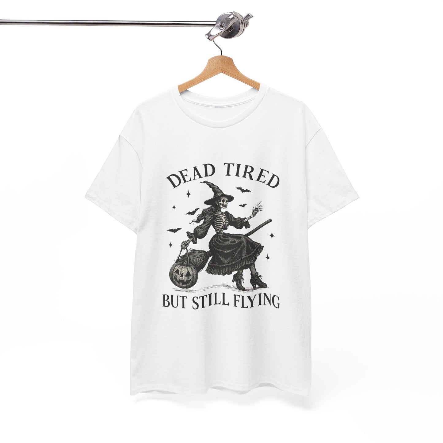Dead Tired But Flying Skeleton Witch Halloween Tee