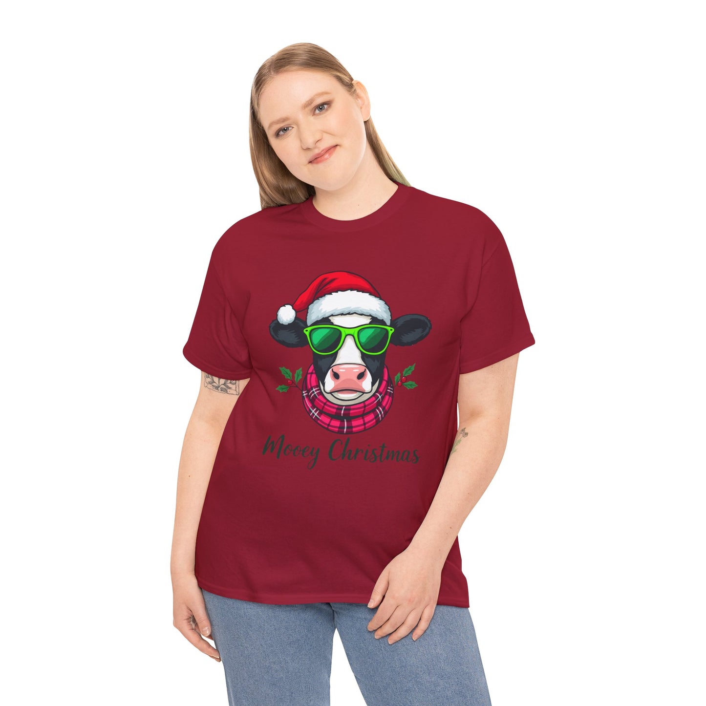 Moovey Christmas Cow Tee - Pink Plaid Scarf & Sunglasses
