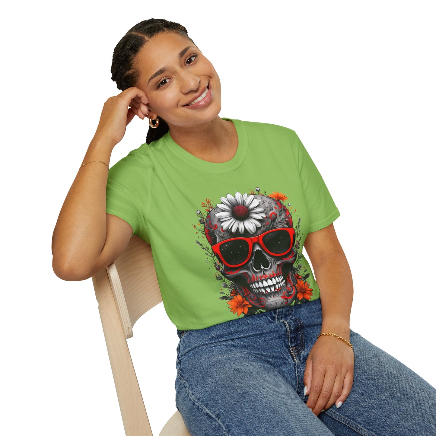 Skull & Flower Graphic T-Shirt, Unisex Casual Tee, Edgy Fashion Wear, Festival Outfit, Gift for Halloween & Day of the Dead