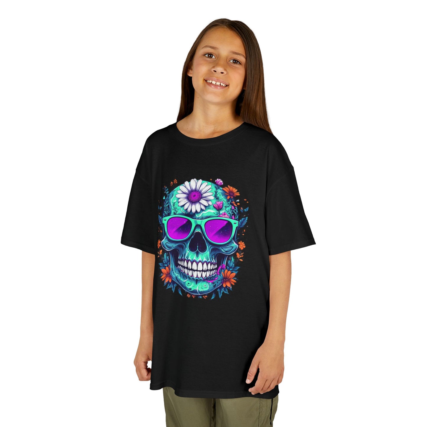 Vibrant Skull Youth Tee, Colorful T-Shirt for Festivals, Birthday Gift, Summer Wear, Unique Graphic Tee