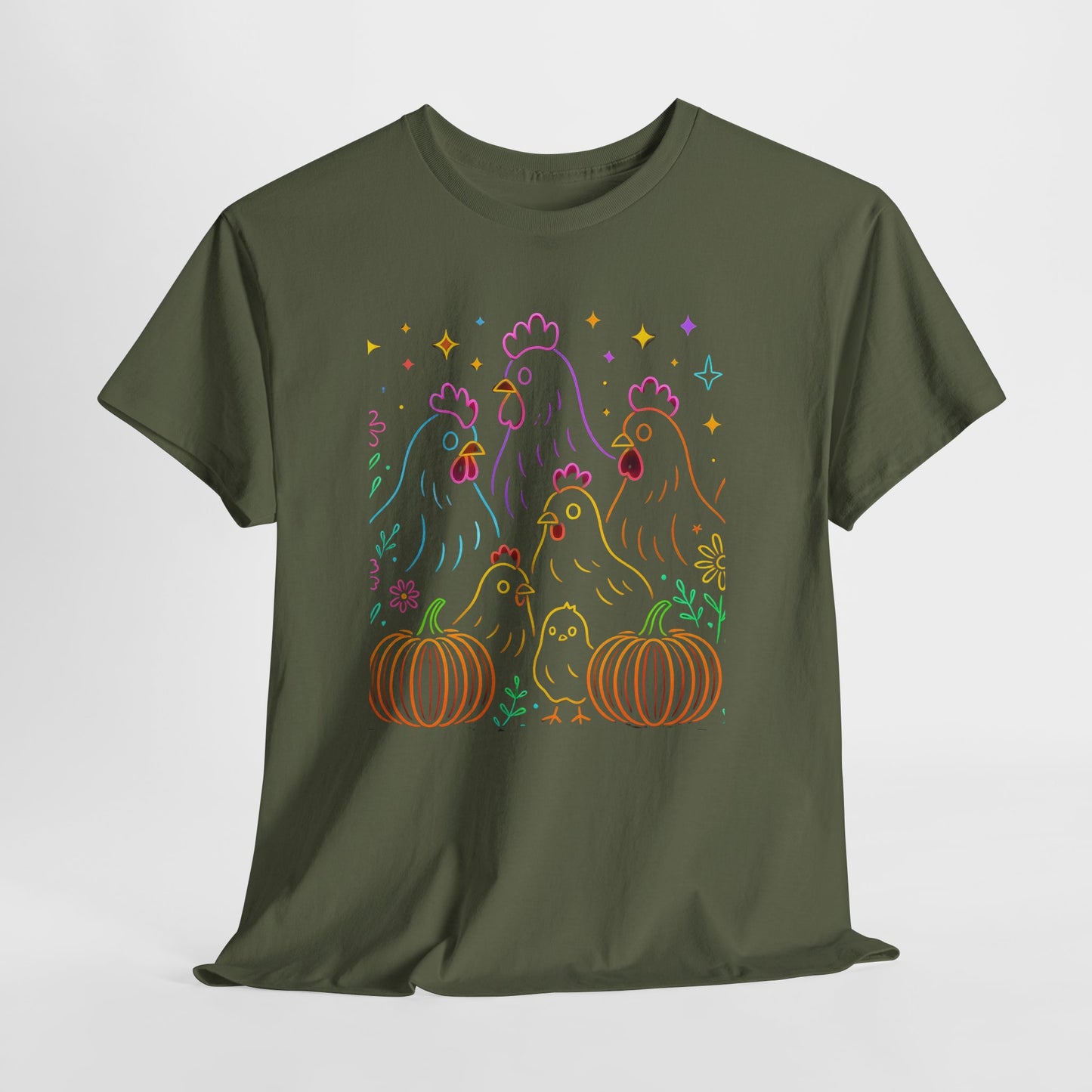 🌻 Autumn Chickens & Pumpkins Tee – Colorful Farm Harvest Shirt