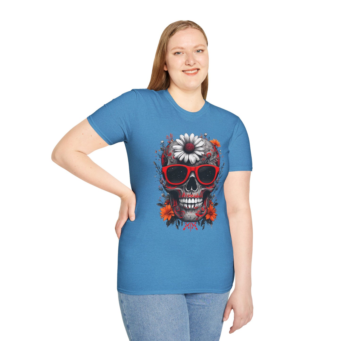 Skull & Flower Graphic T-Shirt, Unisex Casual Tee, Edgy Fashion Wear, Festival Outfit, Gift for Halloween & Day of the Dead