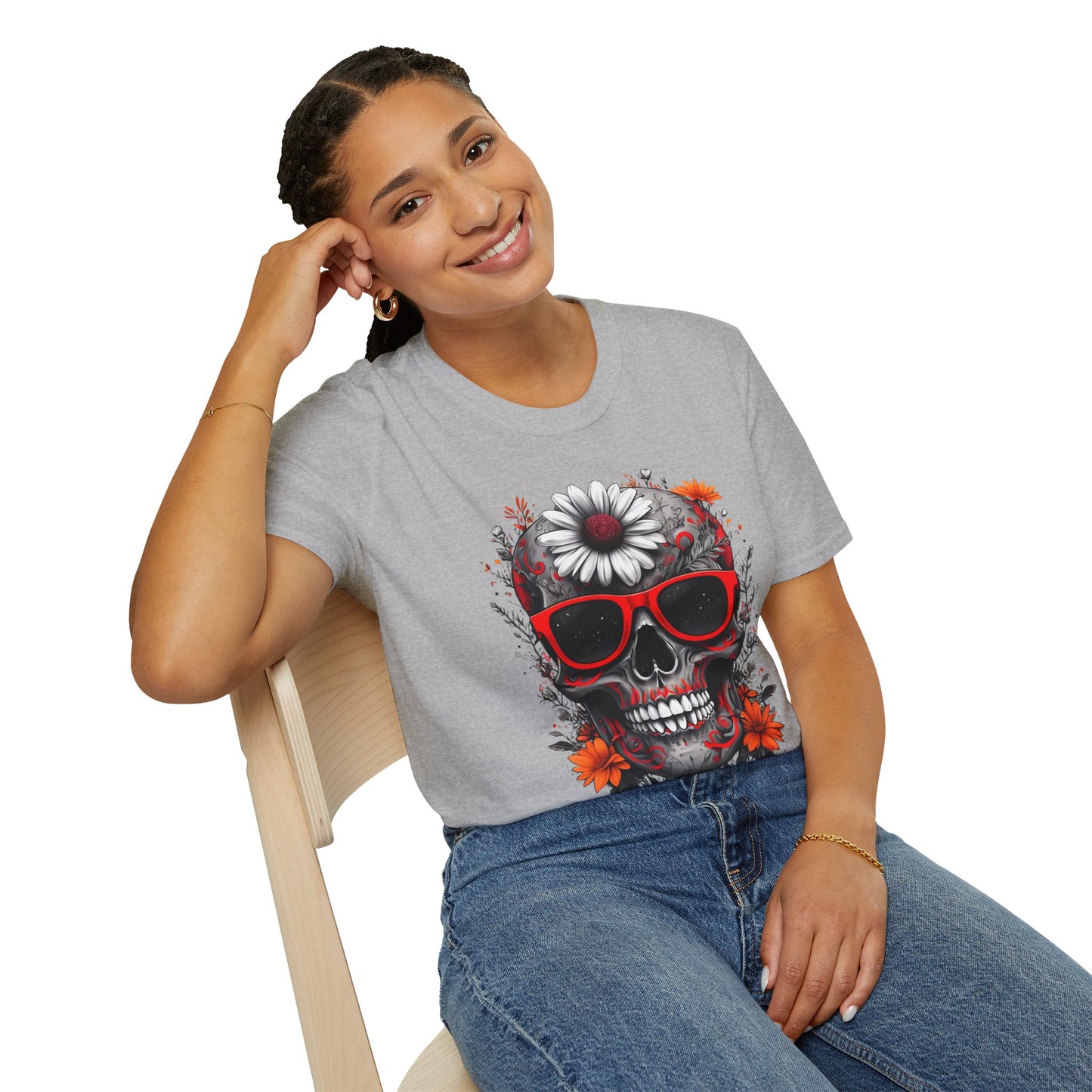 Skull & Flower Graphic T-Shirt, Unisex Casual Tee, Edgy Fashion Wear, Festival Outfit, Gift for Halloween & Day of the Dead