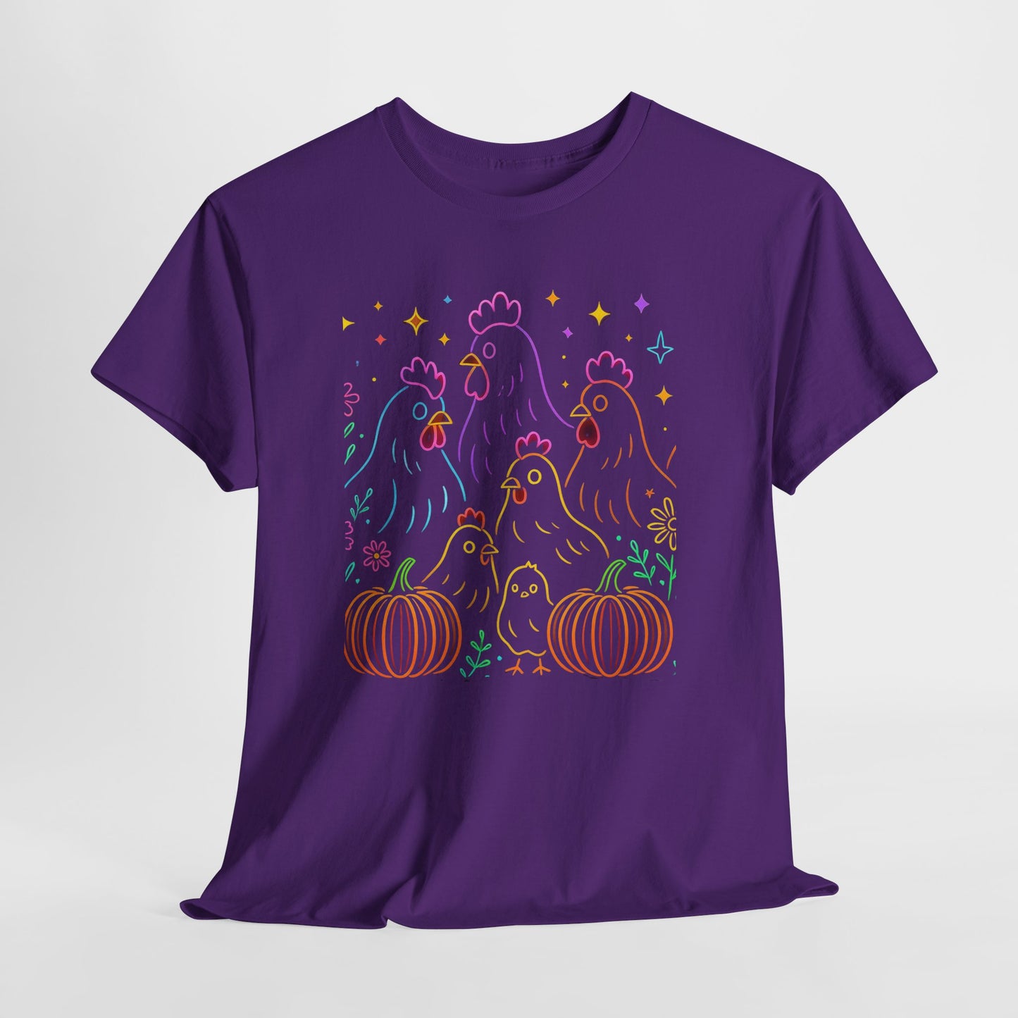 🌻 Autumn Chickens & Pumpkins Tee – Colorful Farm Harvest Shirt
