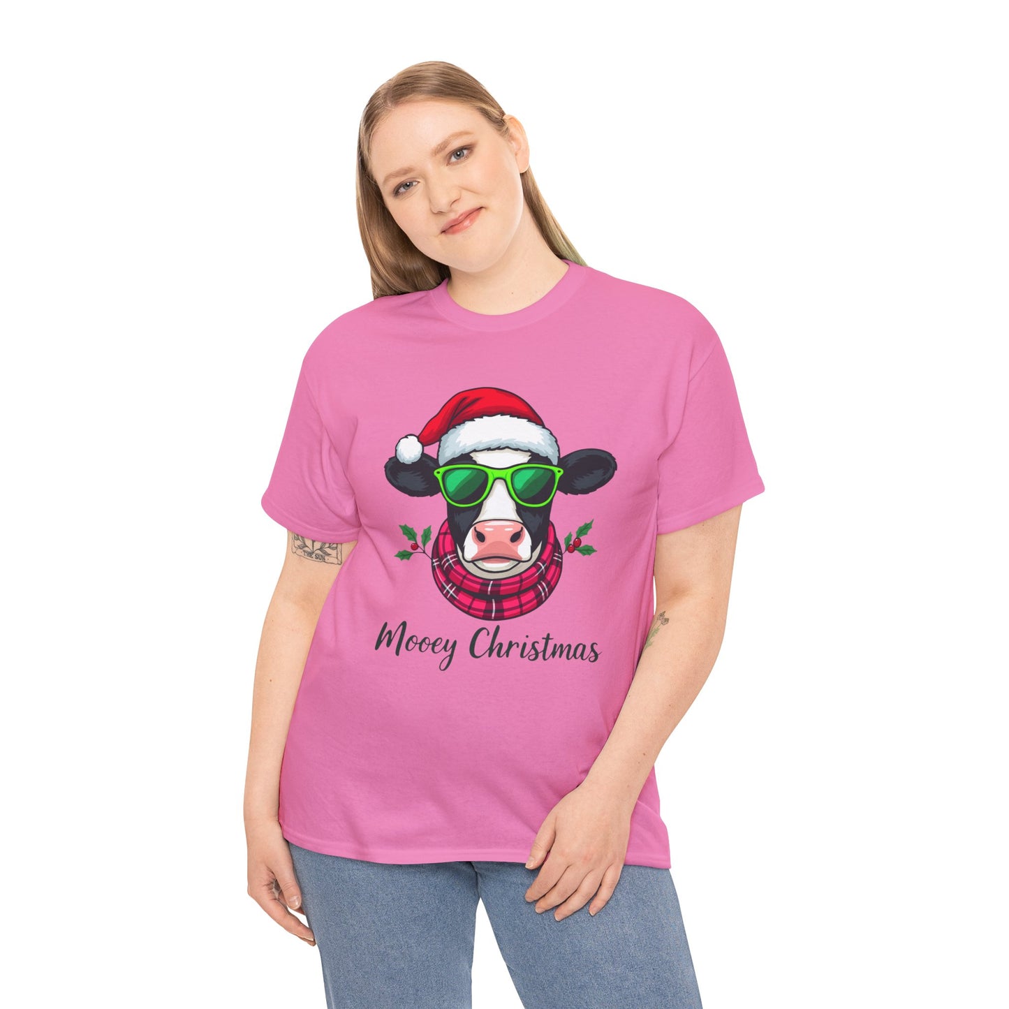 Moovey Christmas Cow Tee - Pink Plaid Scarf & Sunglasses