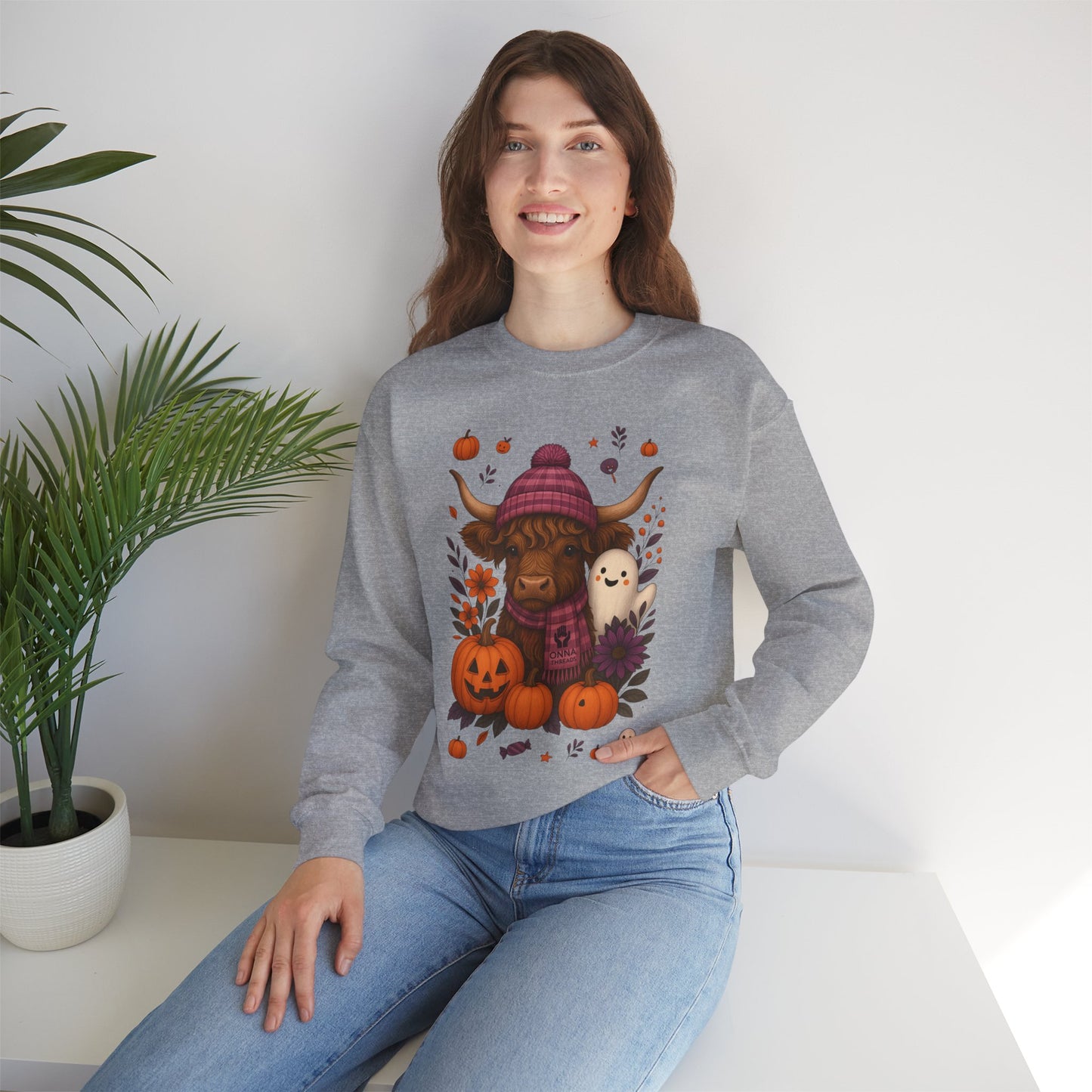 Highland Cow & Ghost Halloween Crewneck Sweatshirt