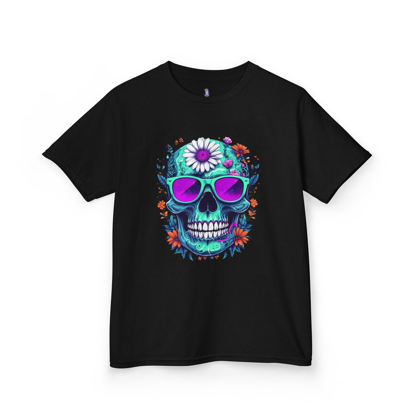 Vibrant Skull Youth Tee, Colorful T-Shirt for Festivals, Birthday Gift, Summer Wear, Unique Graphic Tee