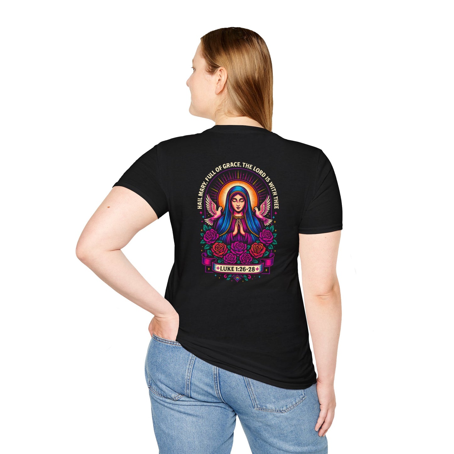 Virgin Mary Bohemian Floral T-Shirt, Unisex Graphic Tee, Vintage Style Shirt, Artistic Gift, Casual Wear, Spiritual Apparel