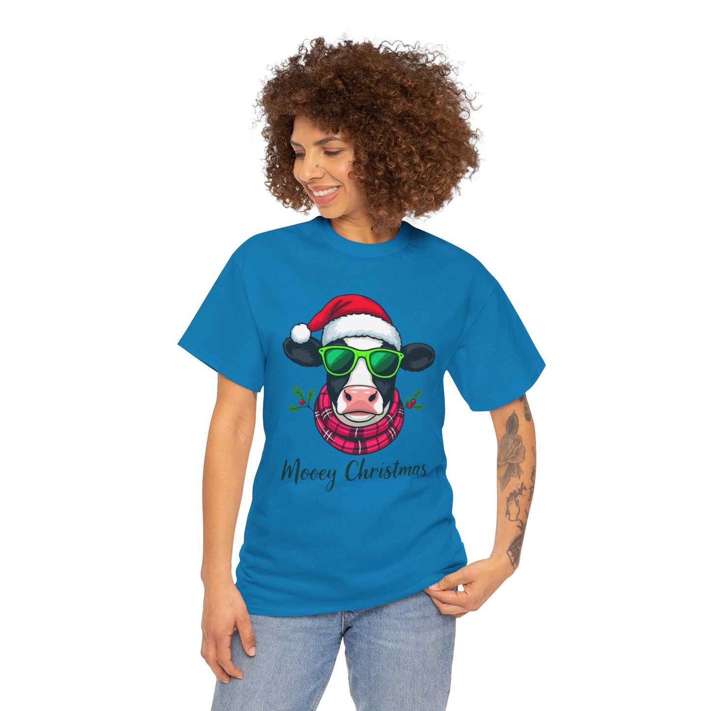Moovey Christmas Cow Tee - Pink Plaid Scarf & Sunglasses