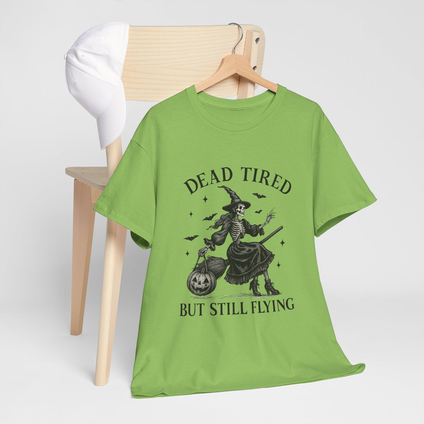 Dead Tired But Flying Skeleton Witch Halloween Tee