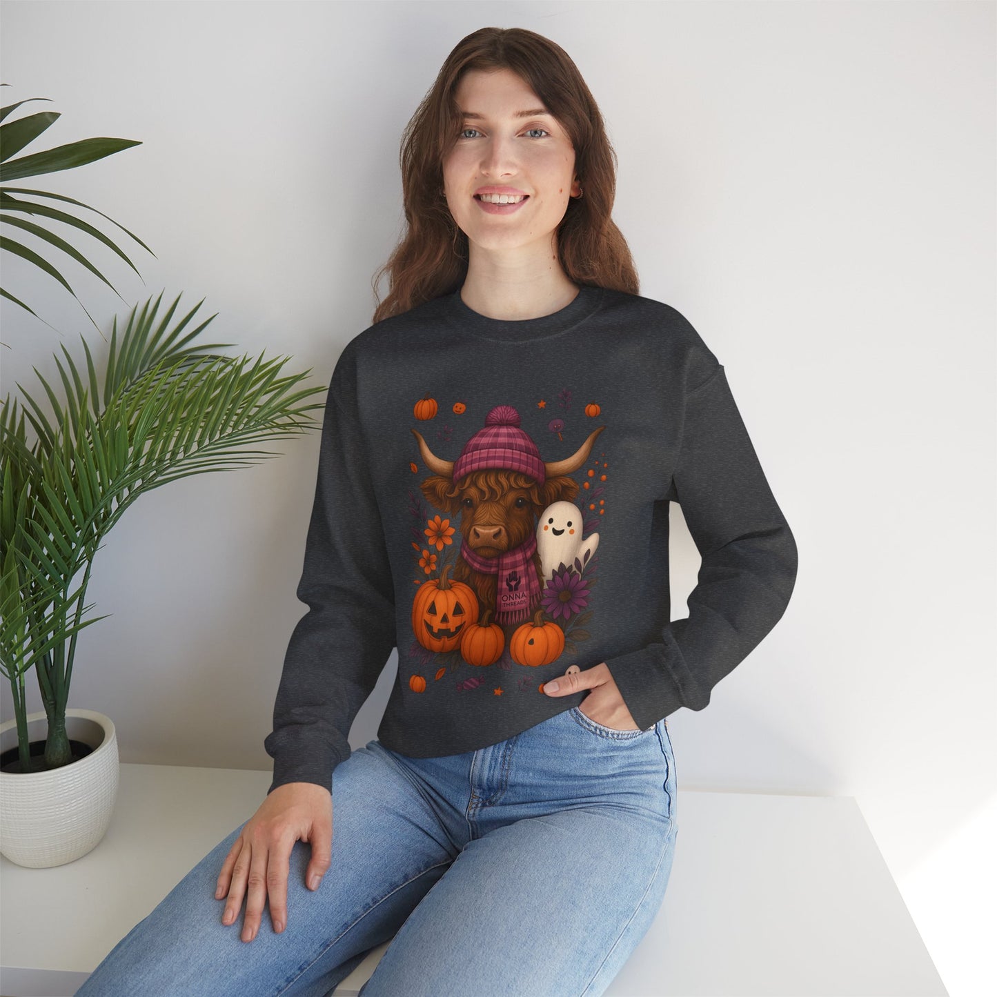Highland Cow & Ghost Halloween Crewneck Sweatshirt