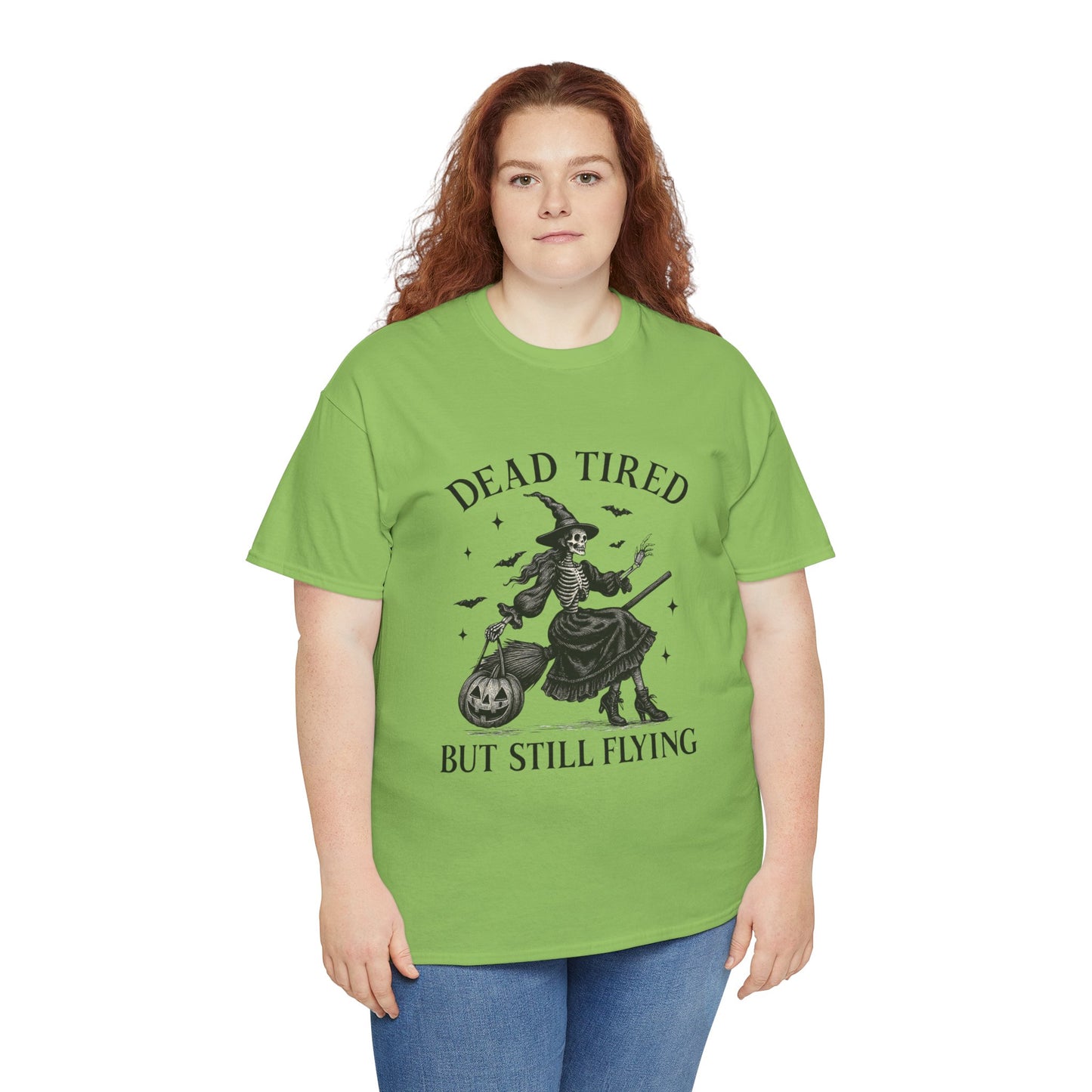 Dead Tired But Flying Skeleton Witch Halloween Tee