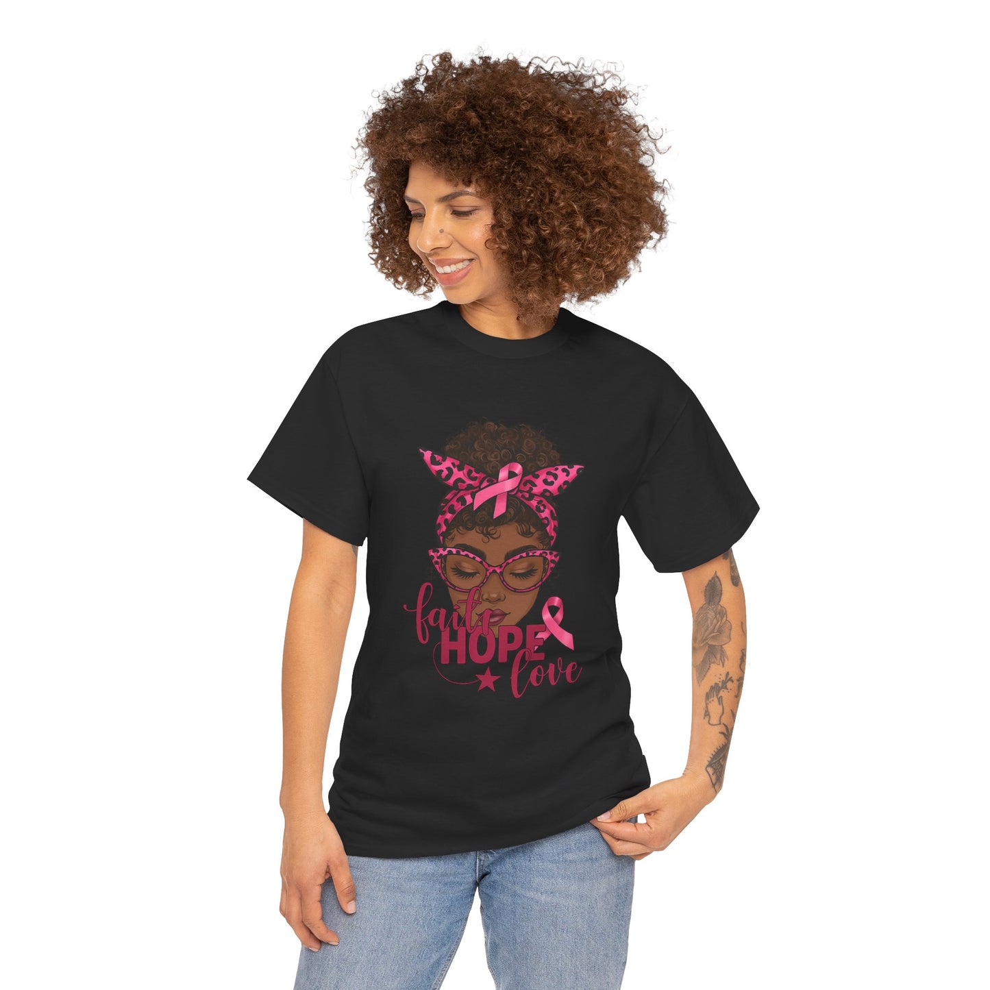 Hope Love Faith Black Woman Pink Ribbon Tee