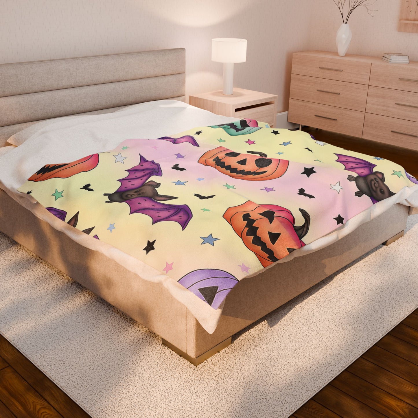 Halloween Plush Blanket, Cozy Trick or Treat Throw, Spooky Decor, Bat and Pumpkin Design, Perfect for Fall and Halloween Celebrations