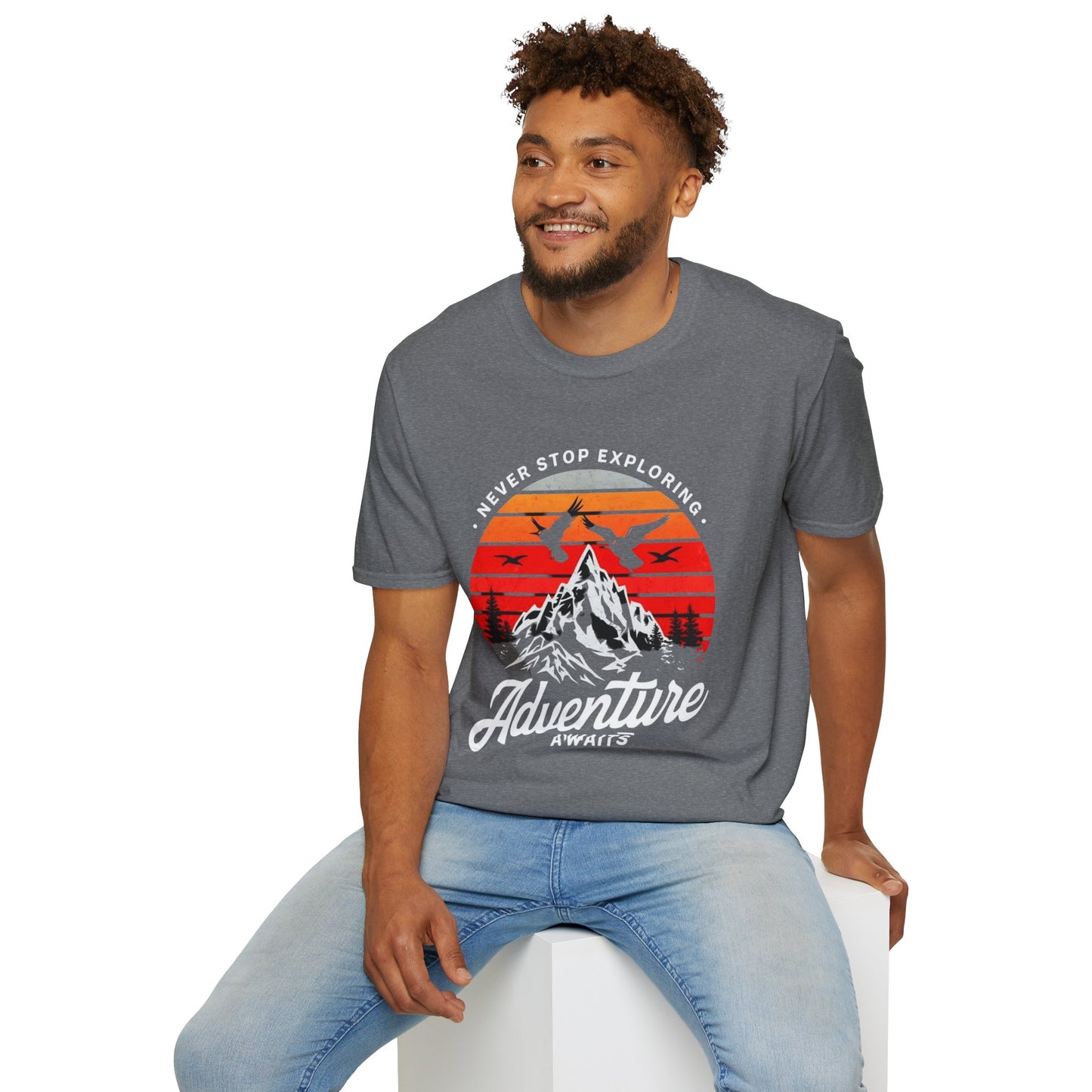 Adventure Awaits T-Shirt | Unisex Softstyle Tee | Perfect for Travel Lovers, Outdoor Adventures, Camping, Nature Gifts, Explore