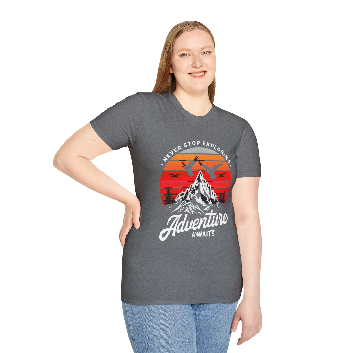 Adventure Awaits T-Shirt | Unisex Softstyle Tee | Perfect for Travel Lovers, Outdoor Adventures, Camping, Nature Gifts, Explore
