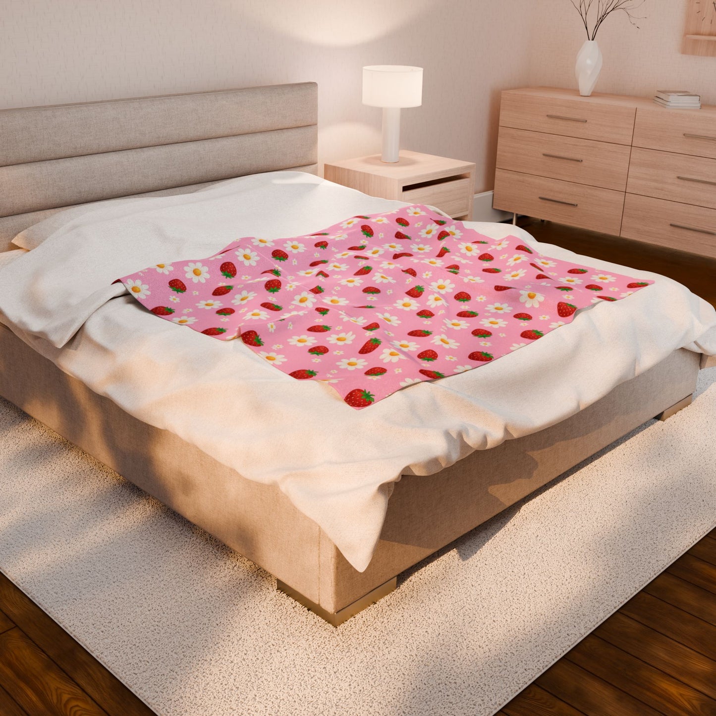 Cozy Strawberry Floral Blanket | Soft Plush Throw, Nursery Decor, Gift for Kids, Spring Home Accents, Cute Couch Cover