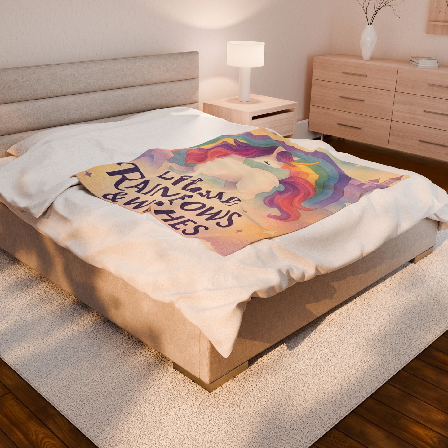 Unicorn Rainbow Plush Blanket, Cozy Kids Blanket, Soft Velveteen Throw, Magical Nursery Decor, Chase Rainbows & Wishes