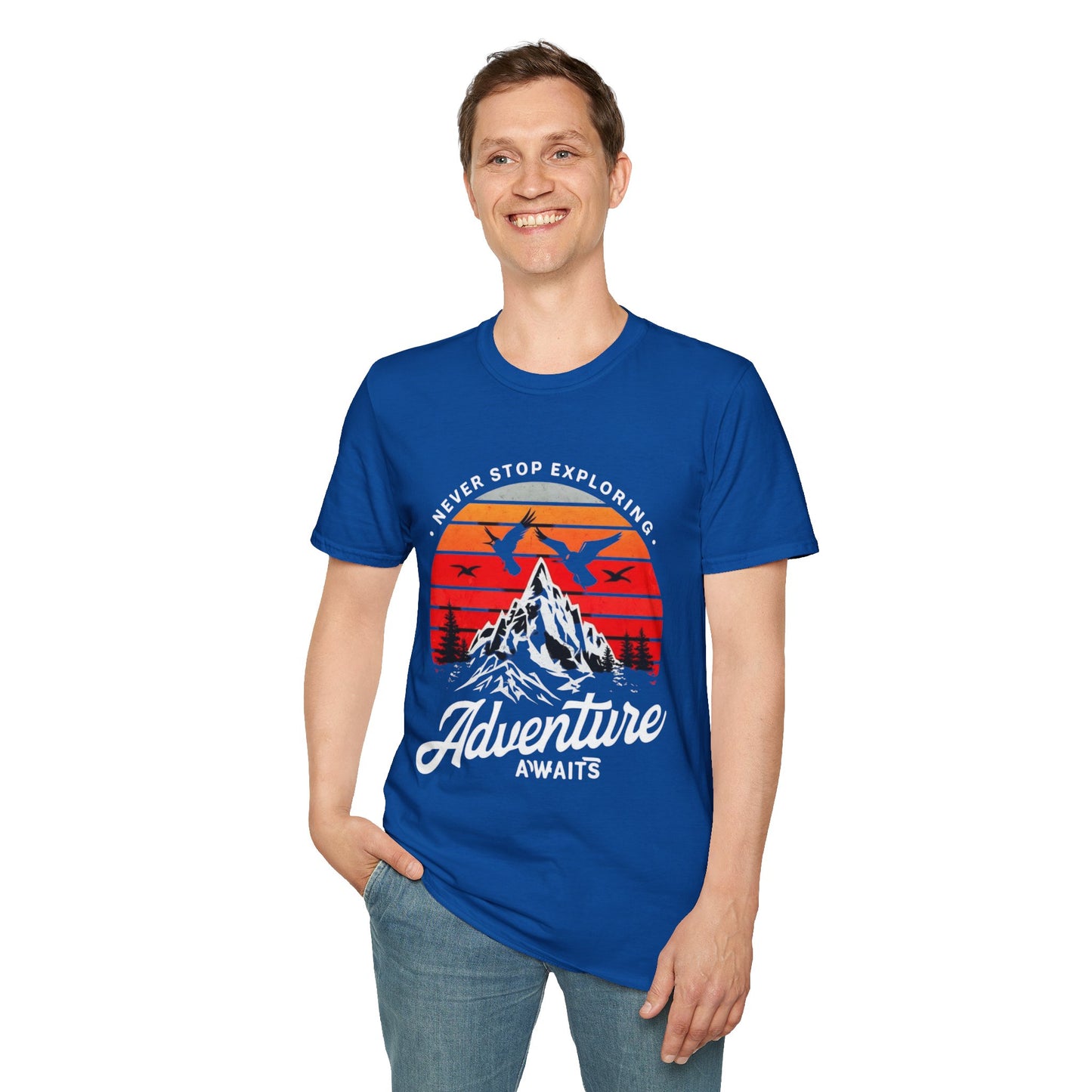 Adventure Awaits T-Shirt | Unisex Softstyle Tee | Perfect for Travel Lovers, Outdoor Adventures, Camping, Nature Gifts, Explore