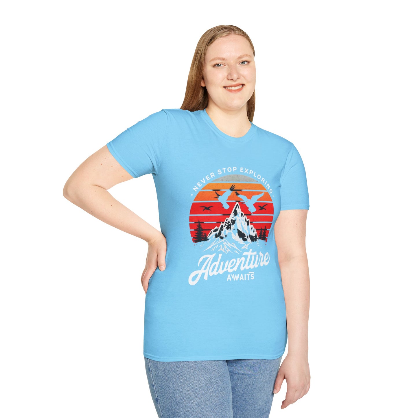 Adventure Awaits T-Shirt | Unisex Softstyle Tee | Perfect for Travel Lovers, Outdoor Adventures, Camping, Nature Gifts, Explore