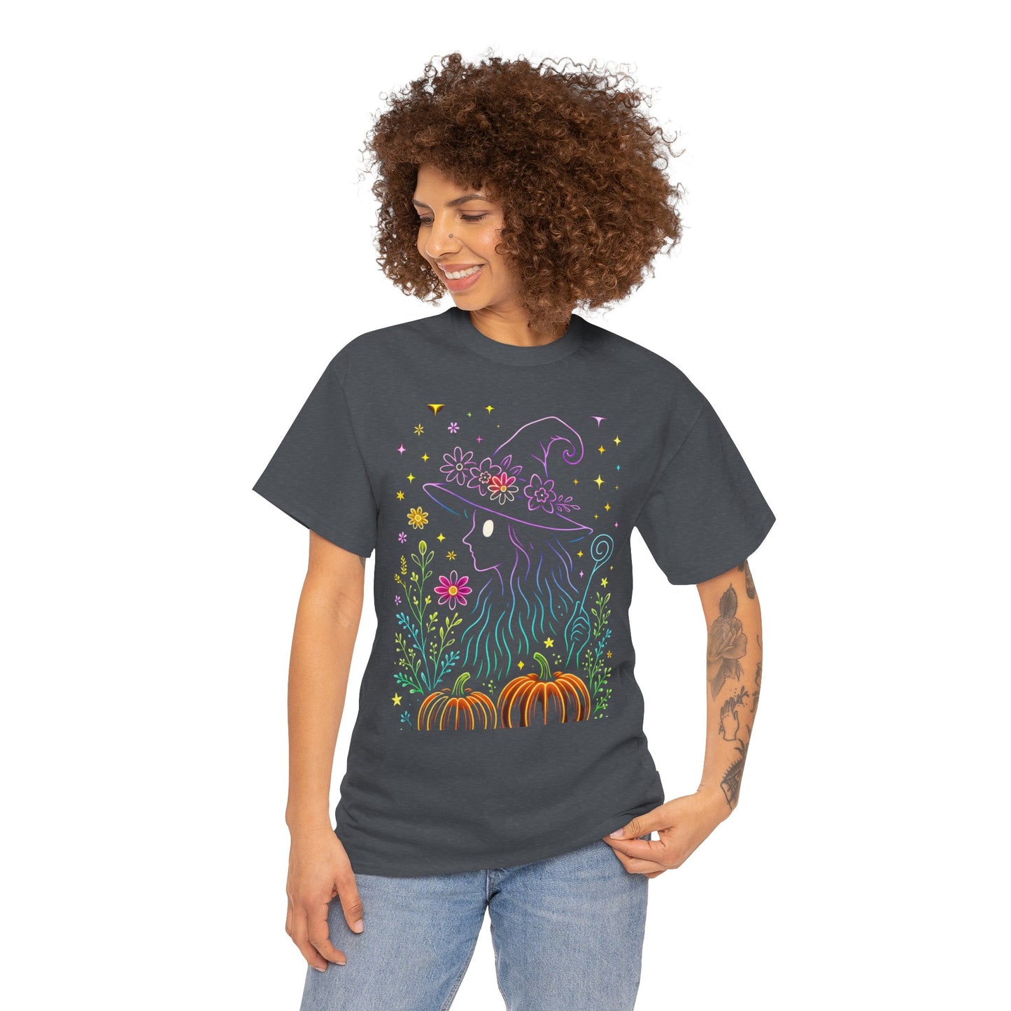 🌙 Whimsical Witch Cat Tee – Magical Halloween Pumpkin Shirt