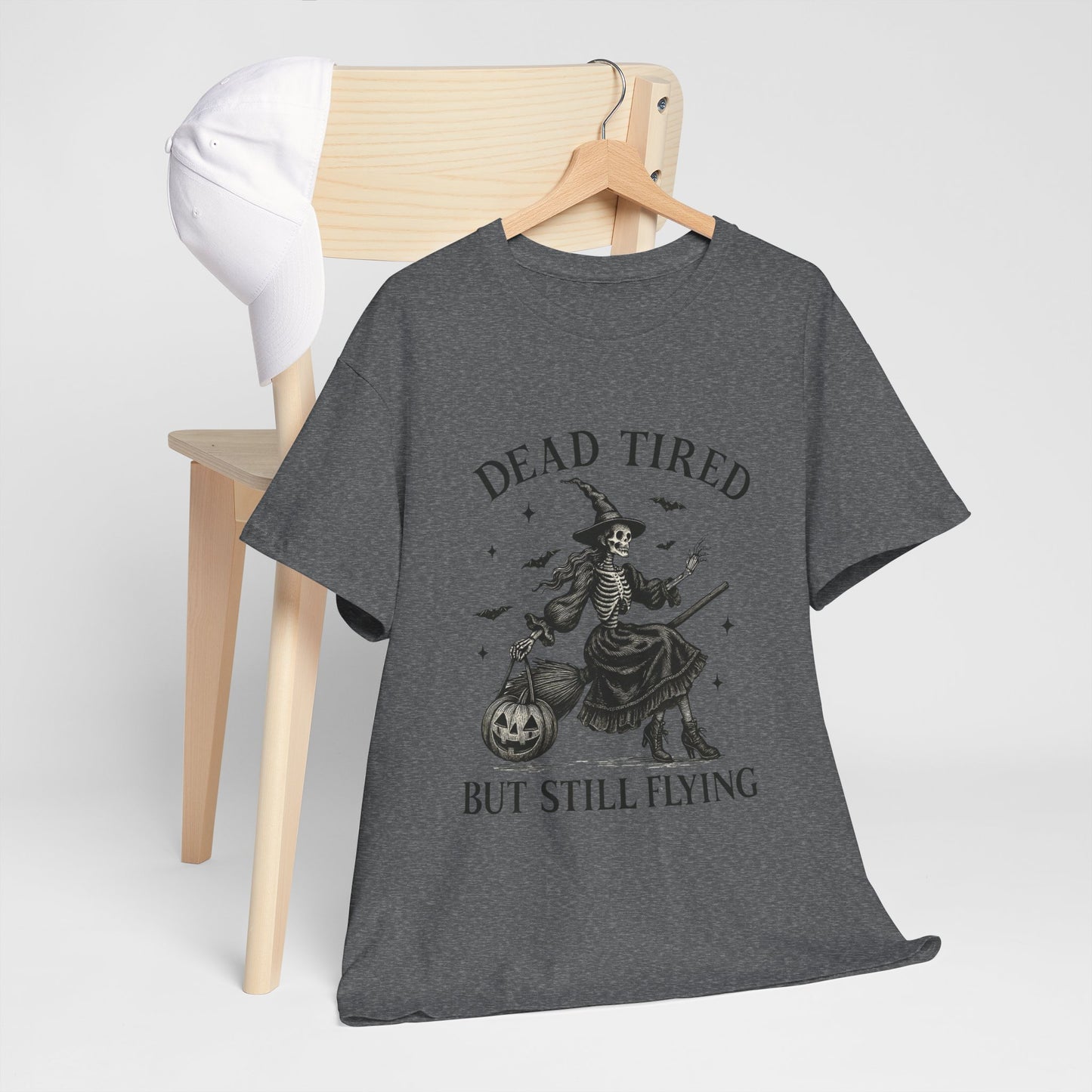 Dead Tired But Flying Skeleton Witch Halloween Tee