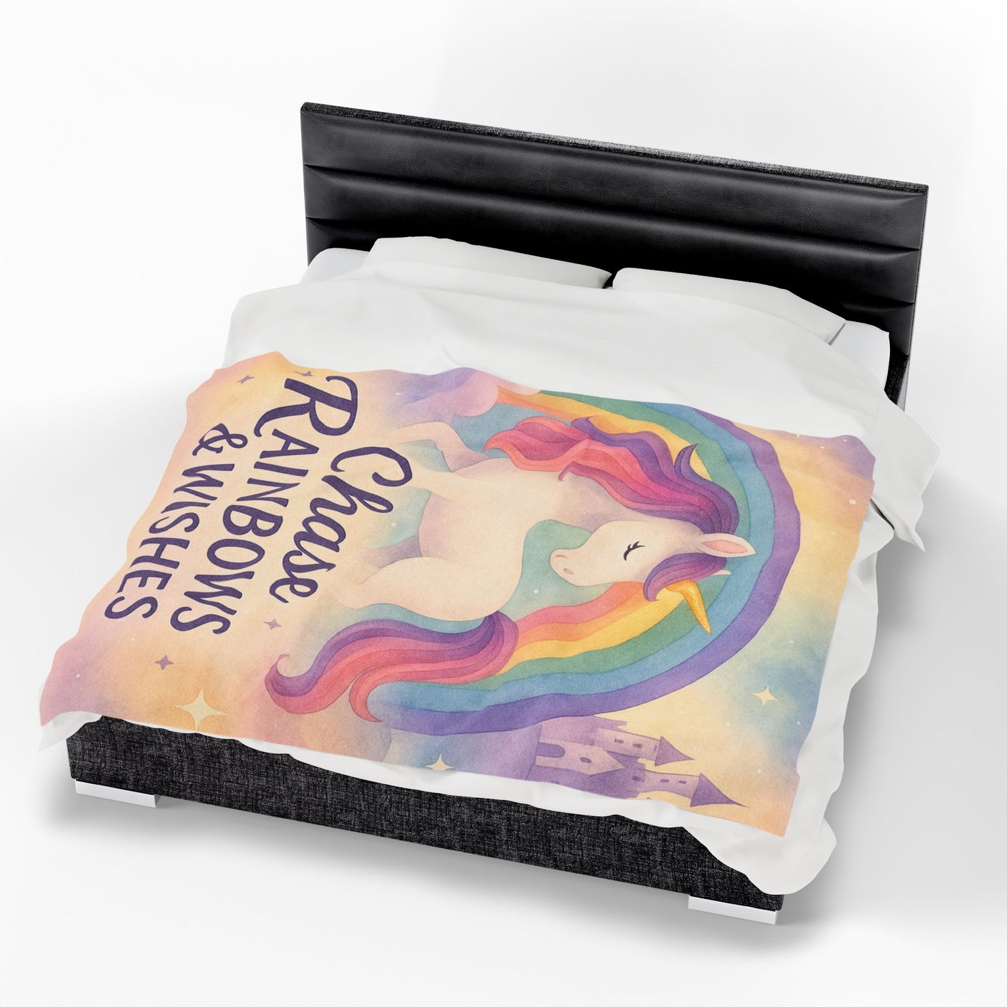 Unicorn Rainbow Plush Blanket, Cozy Kids Blanket, Soft Velveteen Throw, Magical Nursery Decor, Chase Rainbows & Wishes