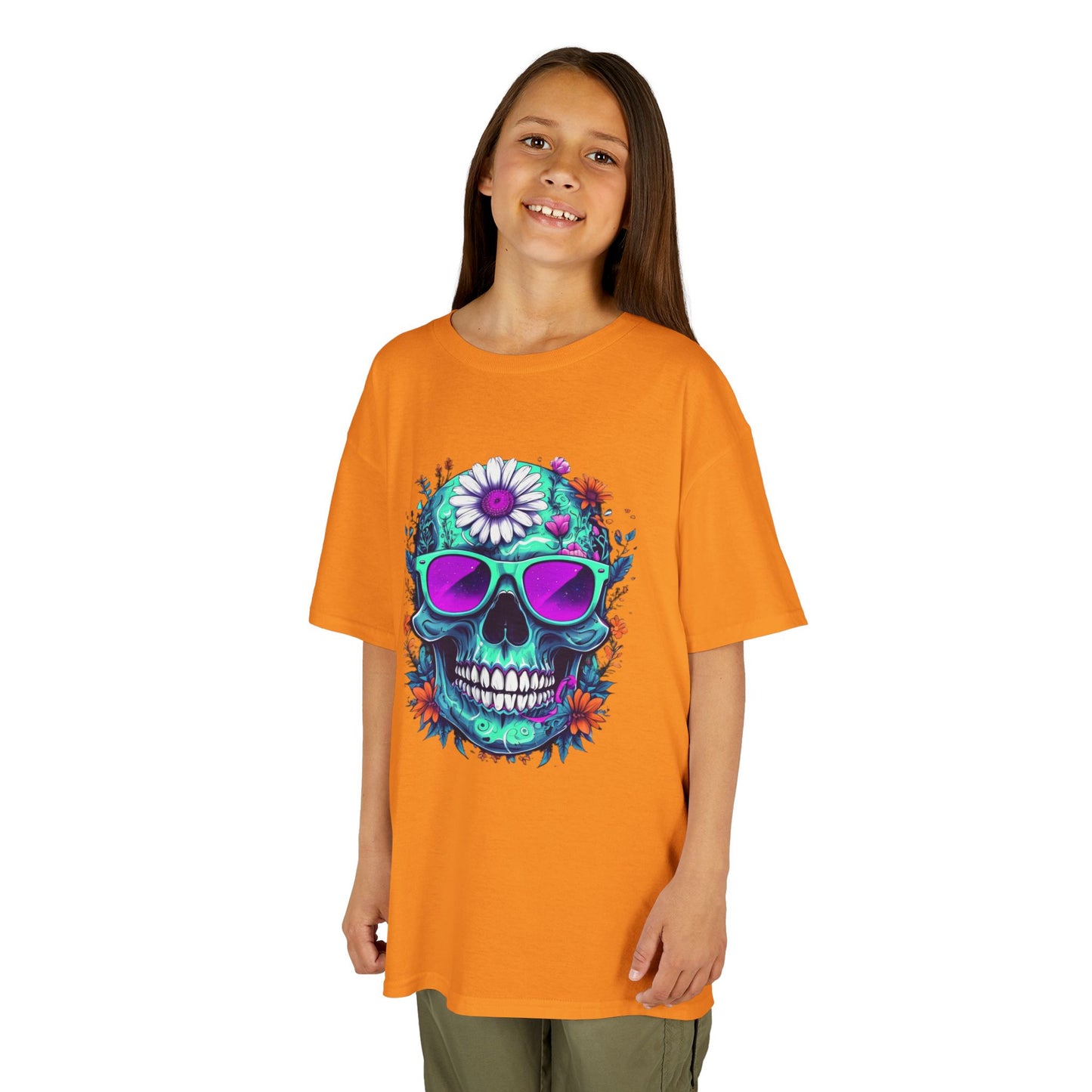 Vibrant Skull Youth Tee, Colorful T-Shirt for Festivals, Birthday Gift, Summer Wear, Unique Graphic Tee