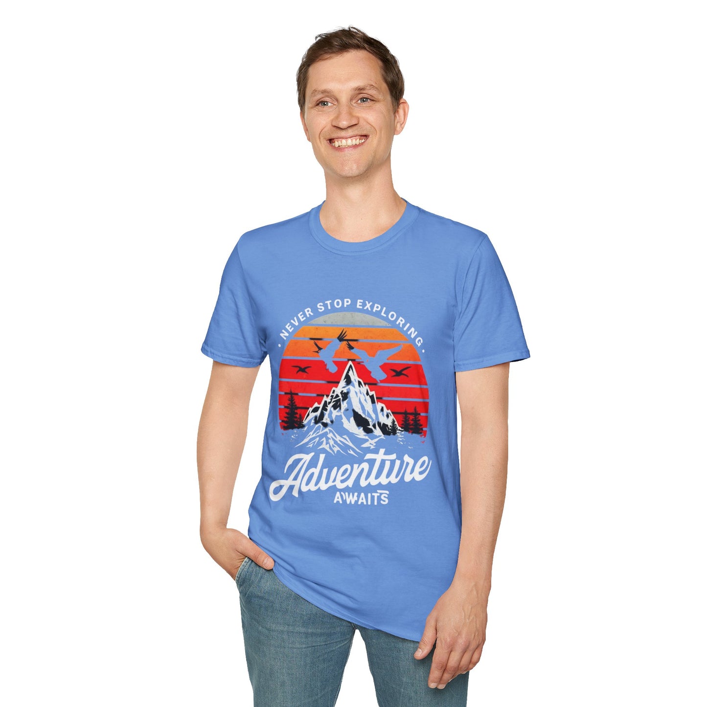 Adventure Awaits T-Shirt | Unisex Softstyle Tee | Perfect for Travel Lovers, Outdoor Adventures, Camping, Nature Gifts, Explore