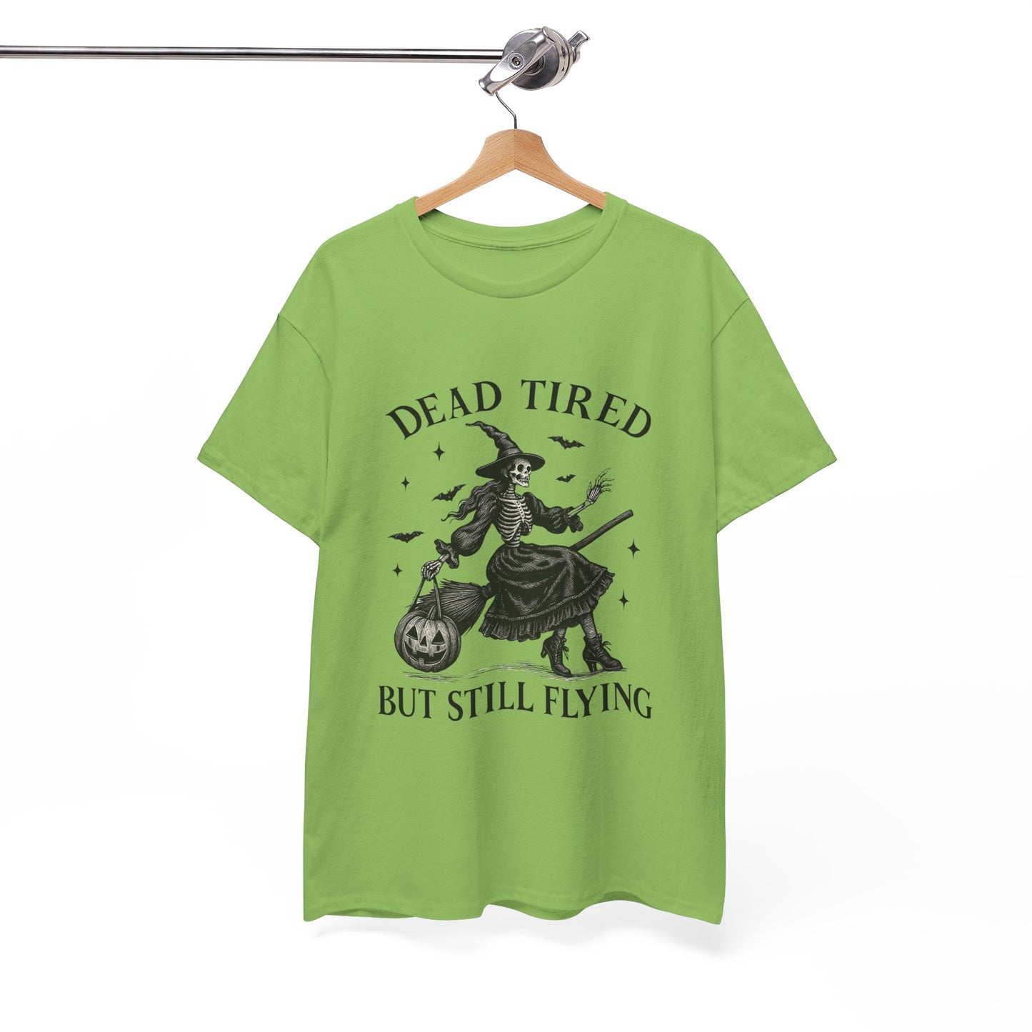 Dead Tired But Flying Skeleton Witch Halloween Tee