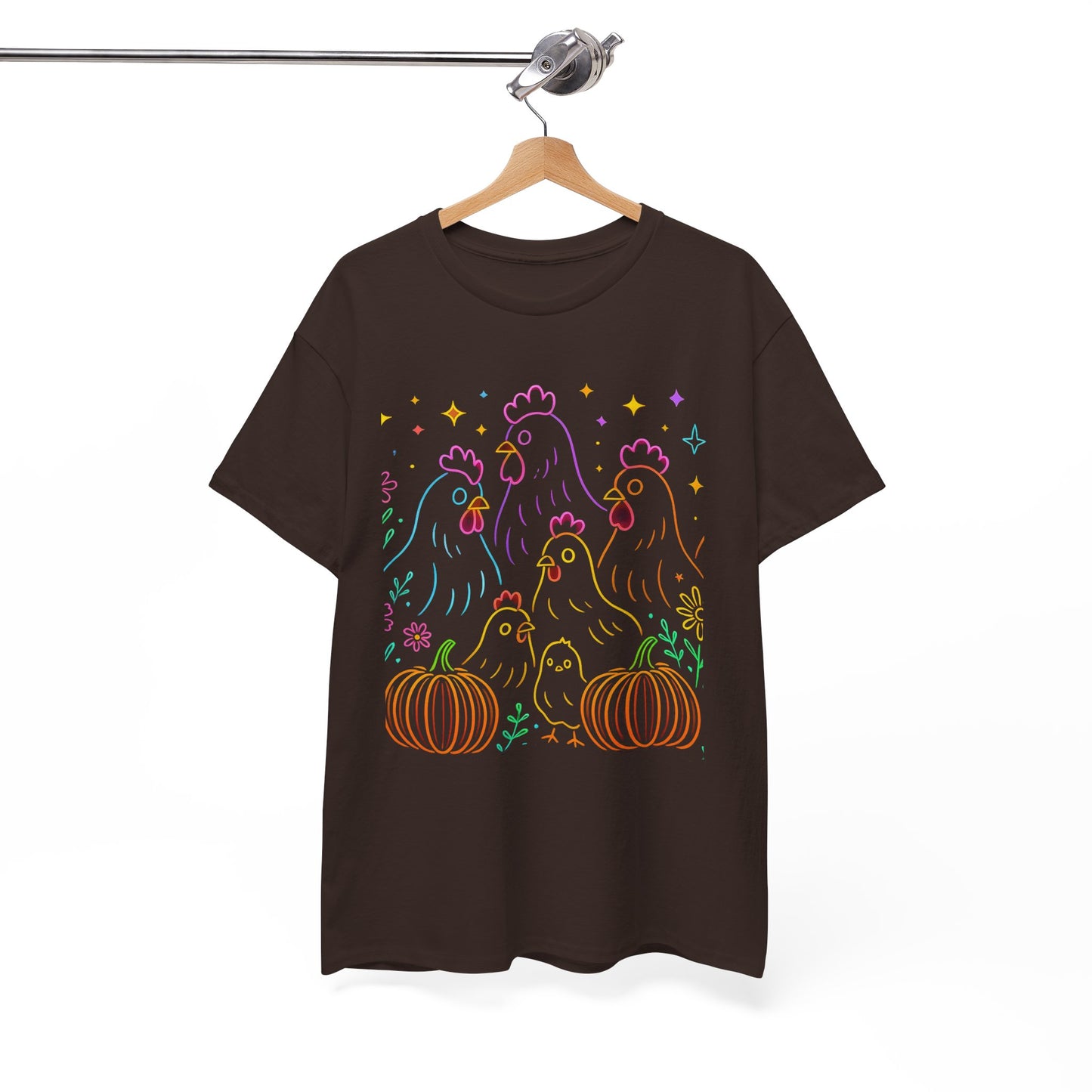 🌻 Autumn Chickens & Pumpkins Tee – Colorful Farm Harvest Shirt