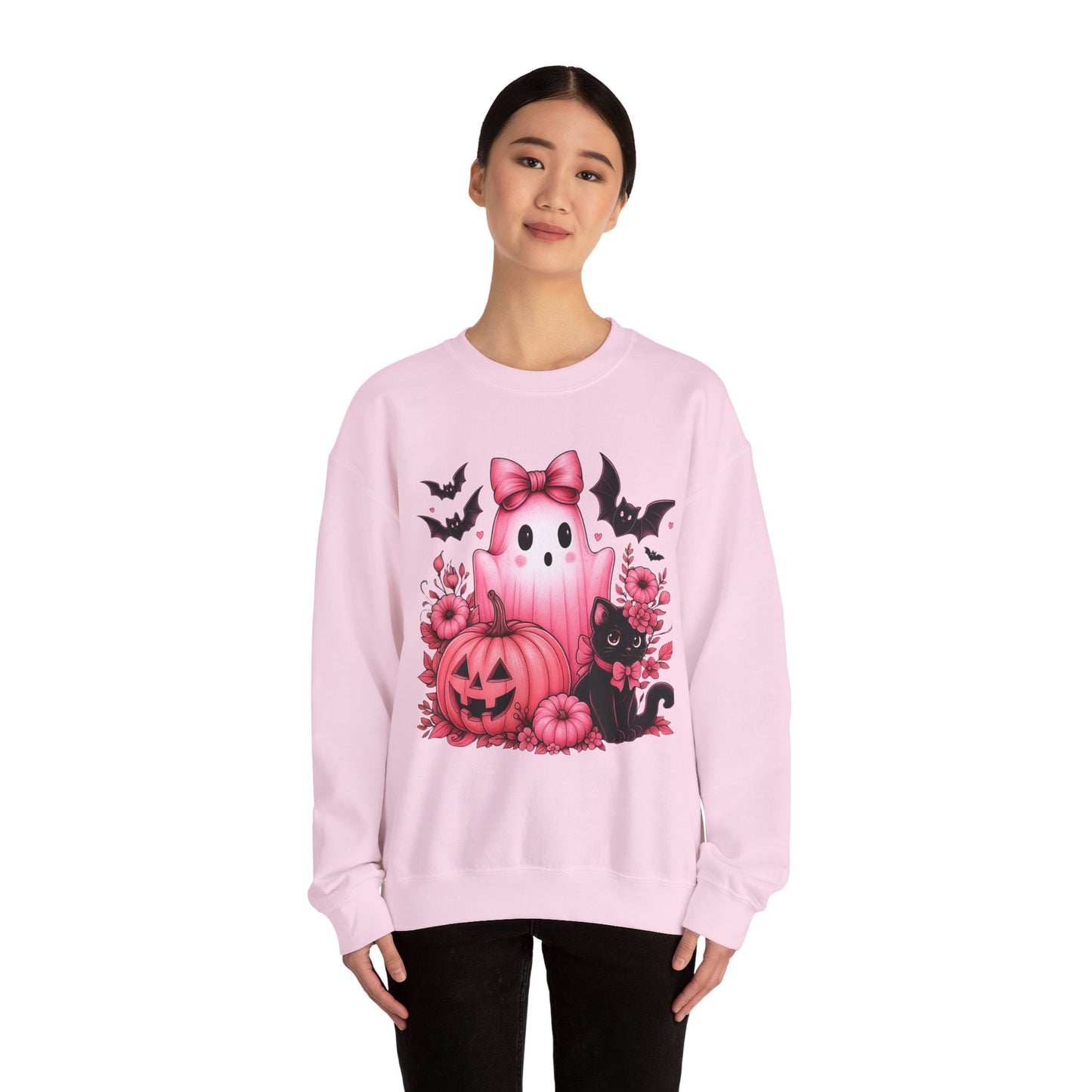 Pink Ghost & Pumpkin Halloween Crewneck Sweatshirt