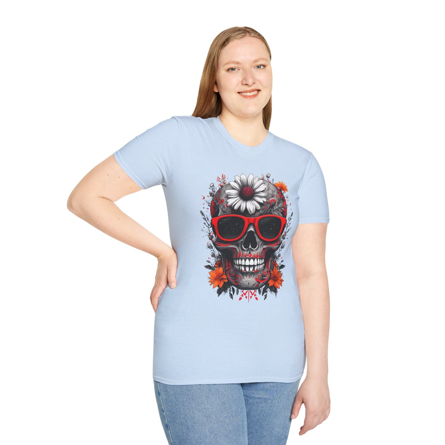 Skull & Flower Graphic T-Shirt, Unisex Casual Tee, Edgy Fashion Wear, Festival Outfit, Gift for Halloween & Day of the Dead